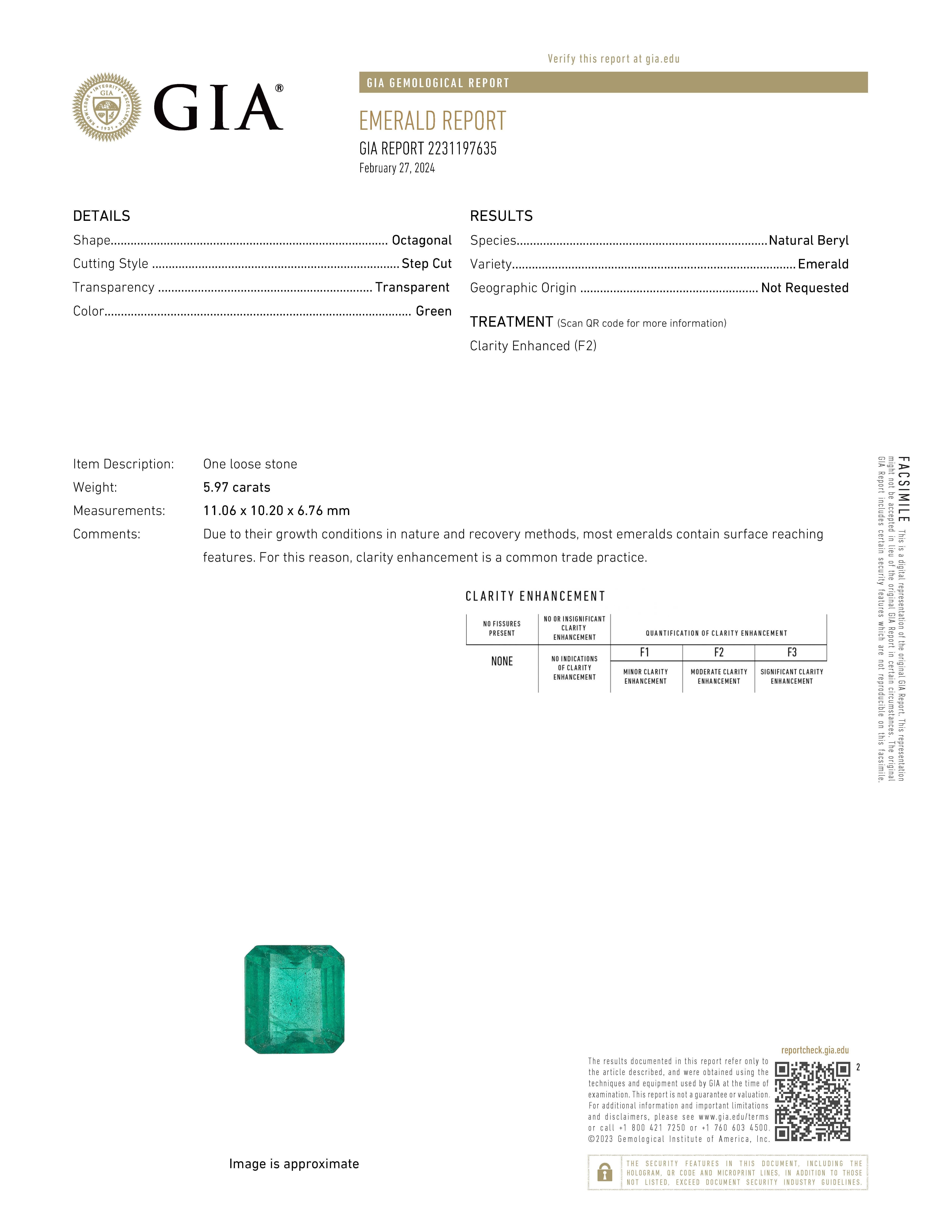 Stunning vivd green emerald of superb color with diamond three stone ring, all three stones GIA certified, by Alexander Beverly Hills.
7.09 carats total gemstone weight.
GIA certified 5.97 carat emerald cut emerald, F2. 2 pear brilliant diamonds,