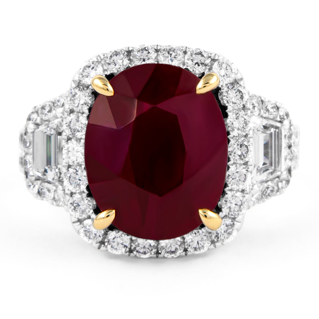 Alexander Beverly Hills GIA 7.19ct Ruby & Diamond 3-Stone Halo Ring 18k