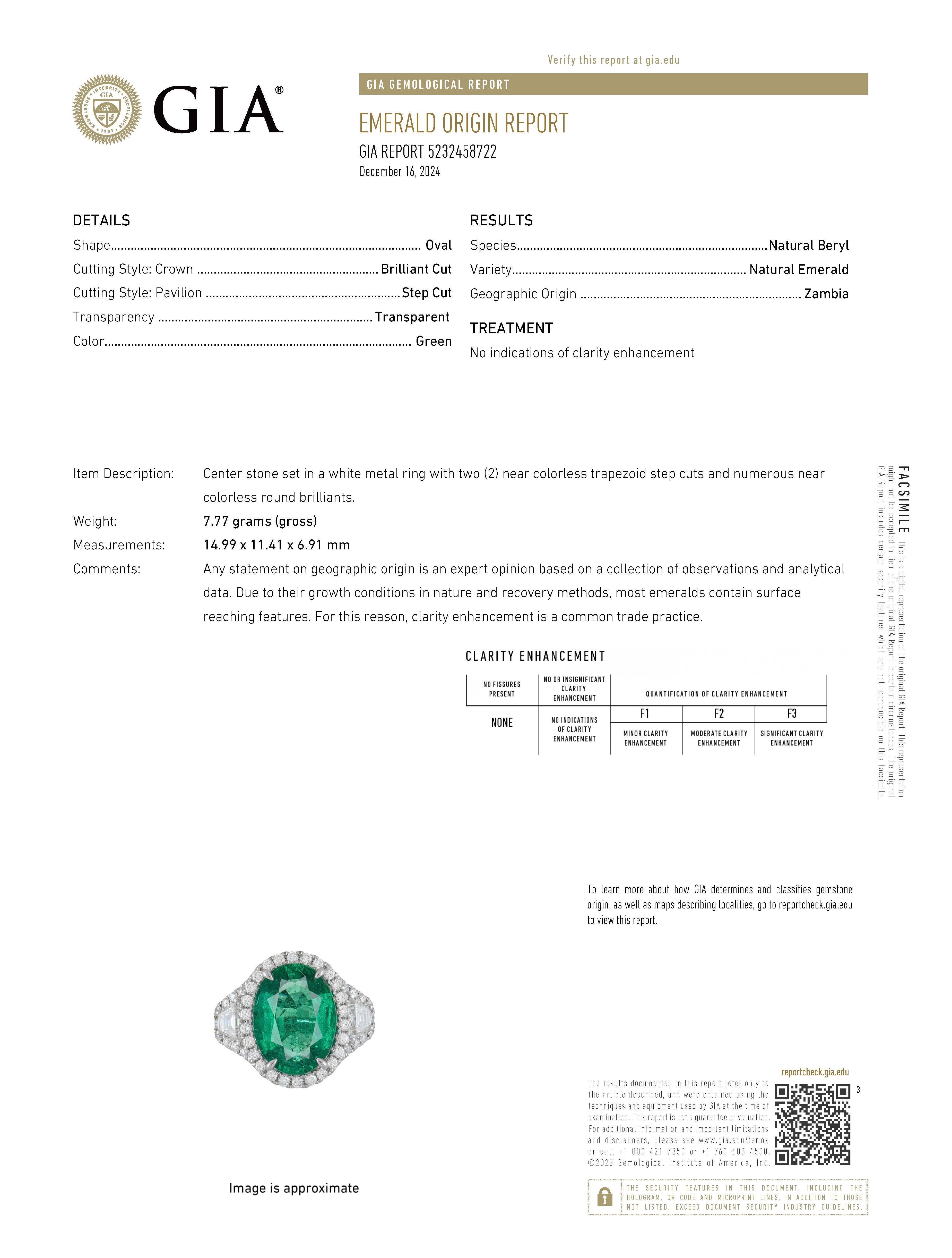 Contemporary Alexander Beverly Hills GIA 7.56ct No Oil Emerald with Diamond 3-Stone Ring 18k For Sale