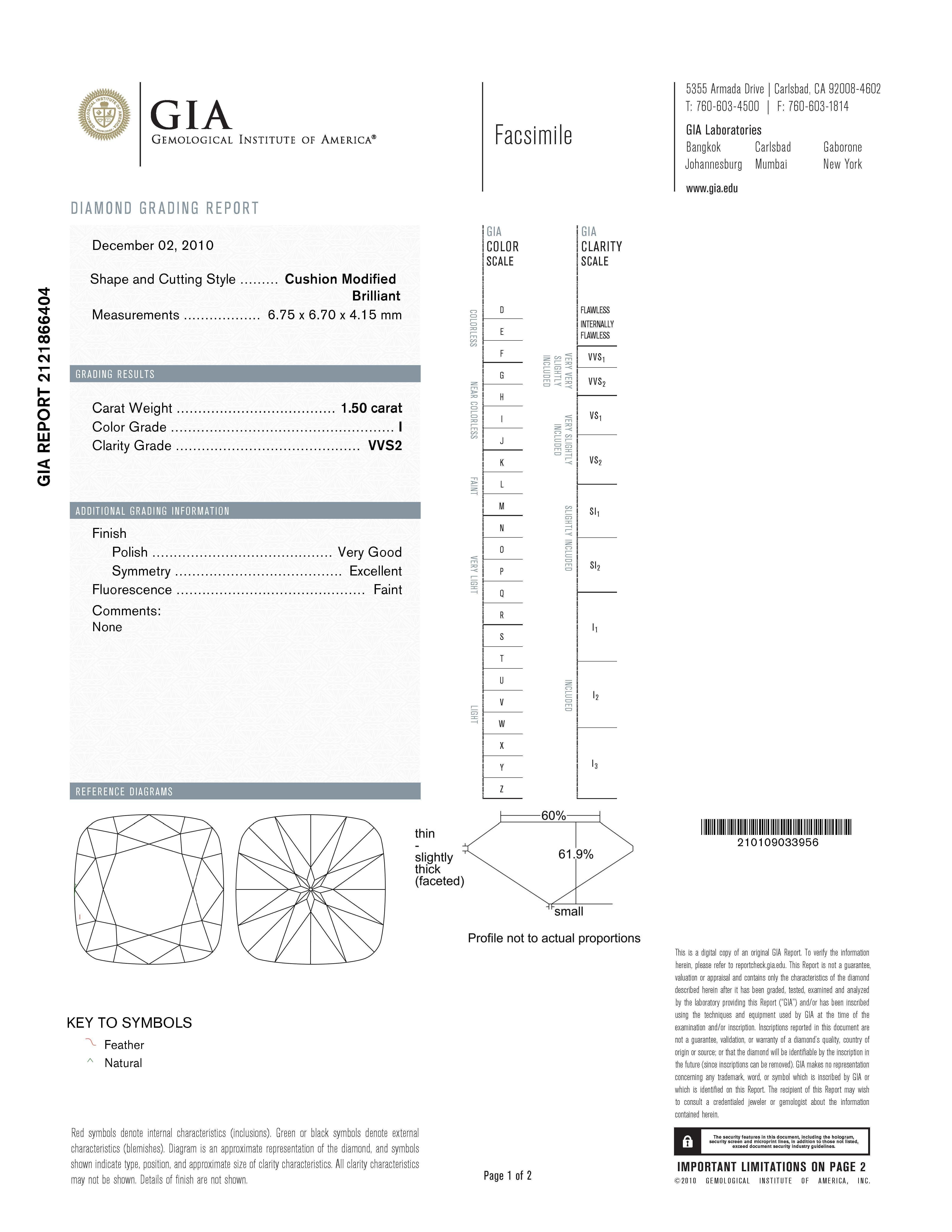 Alexander Beverly Hills GIA I VVS2 Anillo de compromiso de diamantes en cojín de 1,50 ct 18k Contemporáneo en venta
