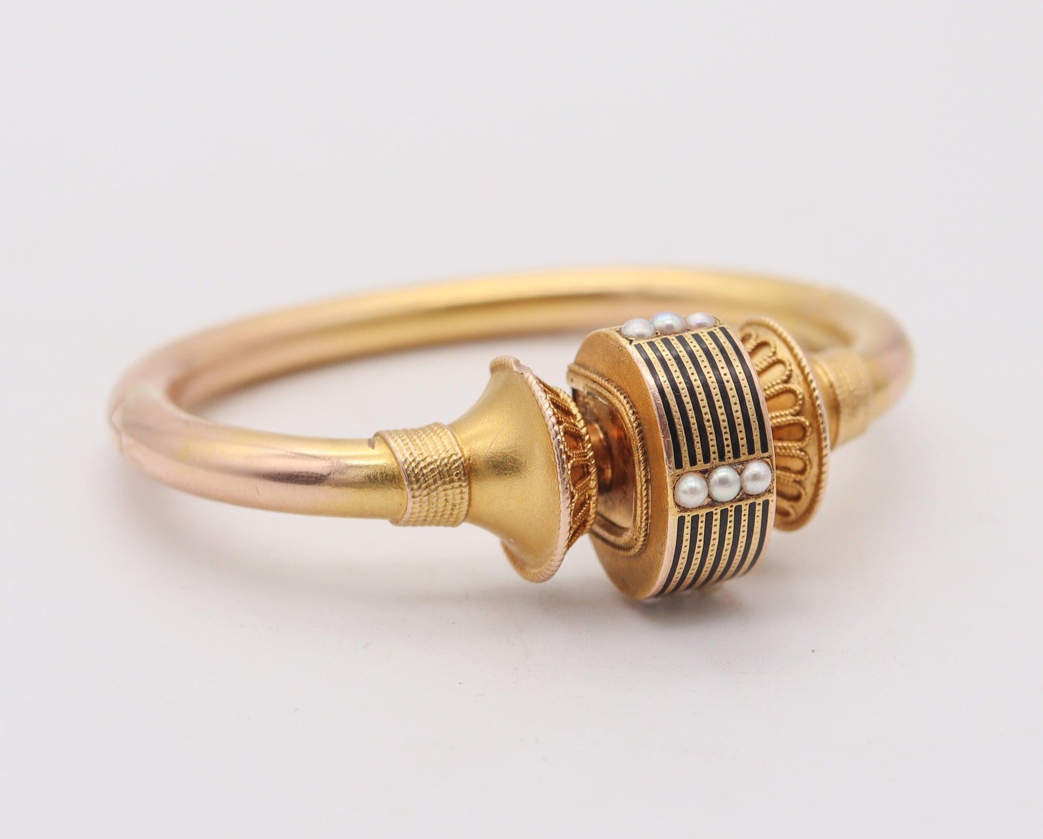 Round Cut ALEXANDER BIRKL 1880 Etruscan Revival Bracelet In Brushed 14Kt Gold With Pearls For Sale