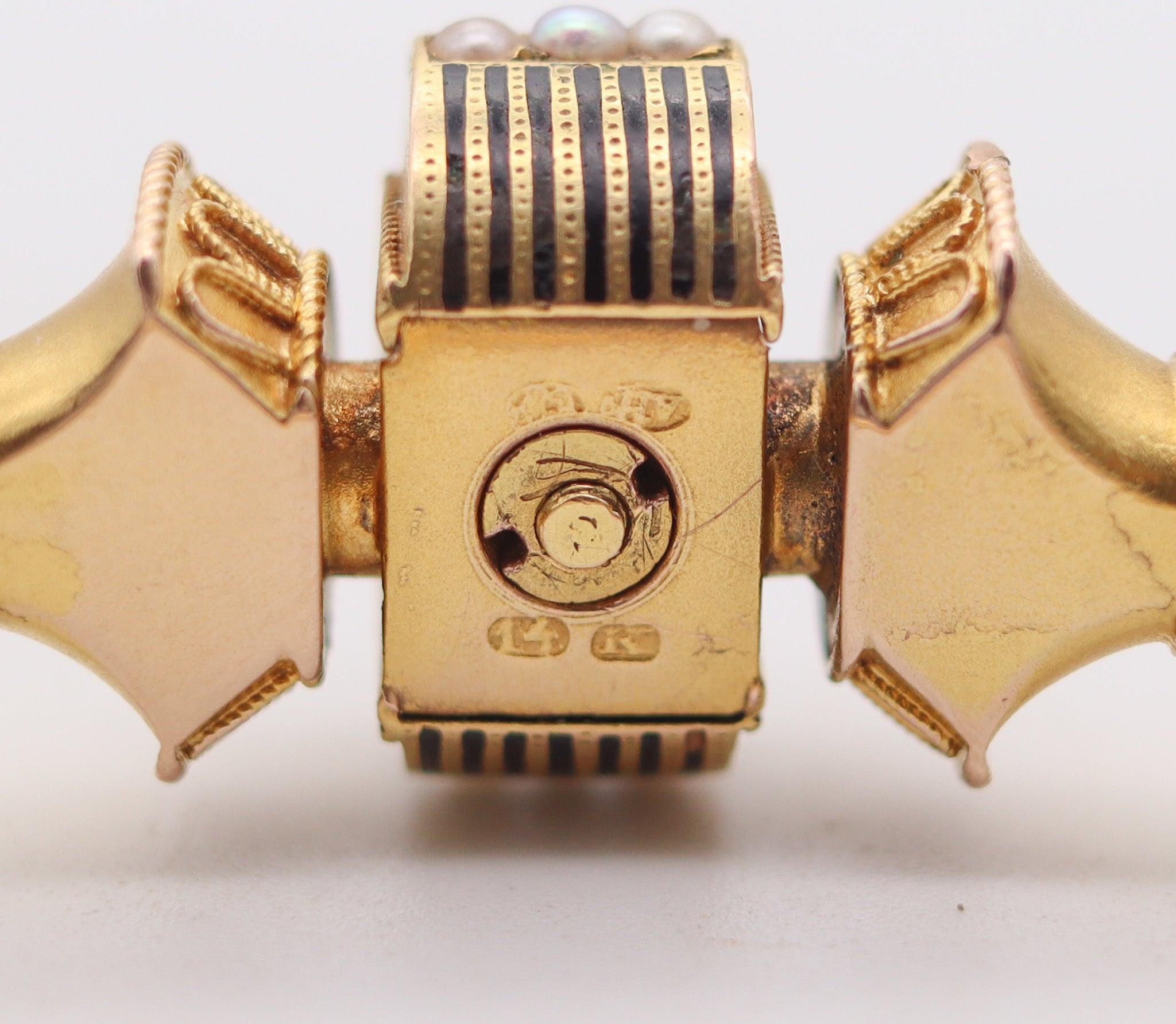ALEXANDER BIRKL 1880 Etruscan Revival Bracelet In Brushed 14Kt Gold With Pearls For Sale 1