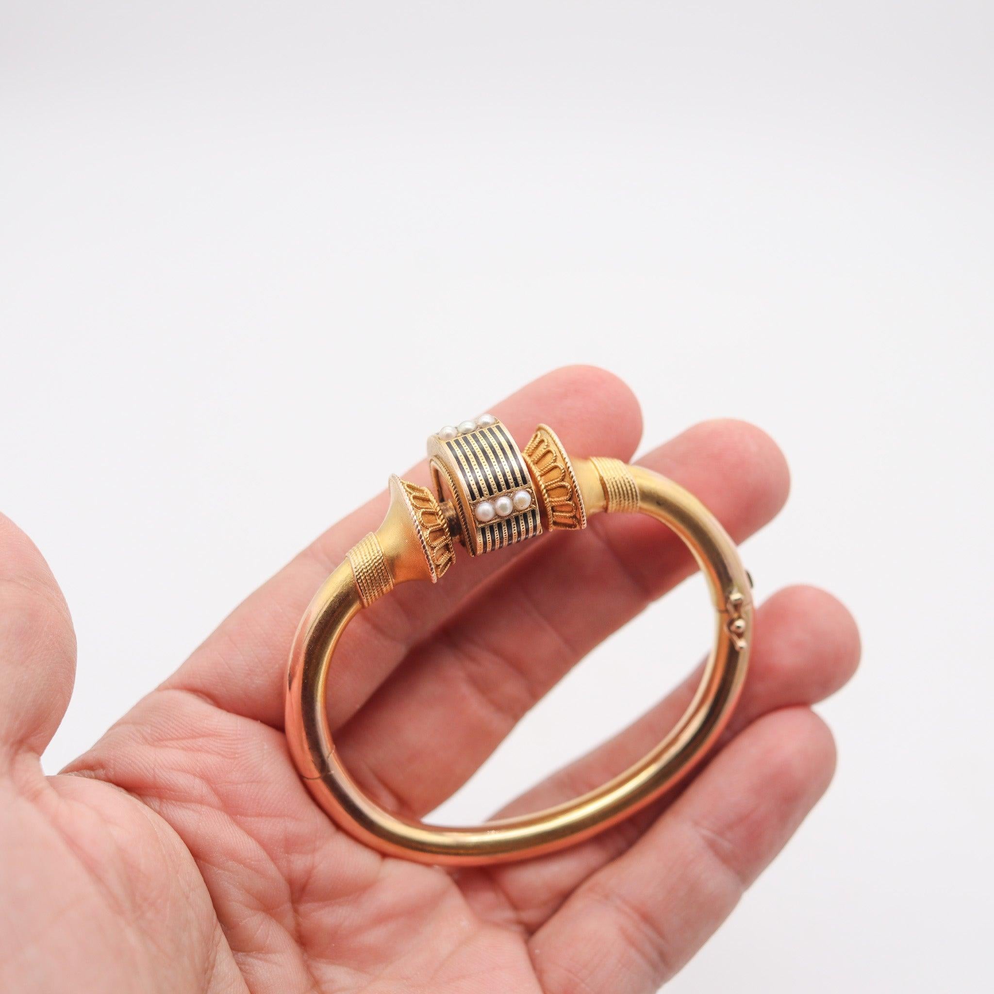 ALEXANDER BIRKL 1880 Etruscan Revival Bracelet In Brushed 14Kt Gold With Pearls For Sale 3