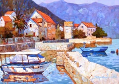 Miko yacht in Stoliv - Landscape Painting White Red Blue Pastel Brown Purple