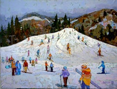 Resort de ski - Peinture de paysage blanc rouge bleu pastel marron pourpre