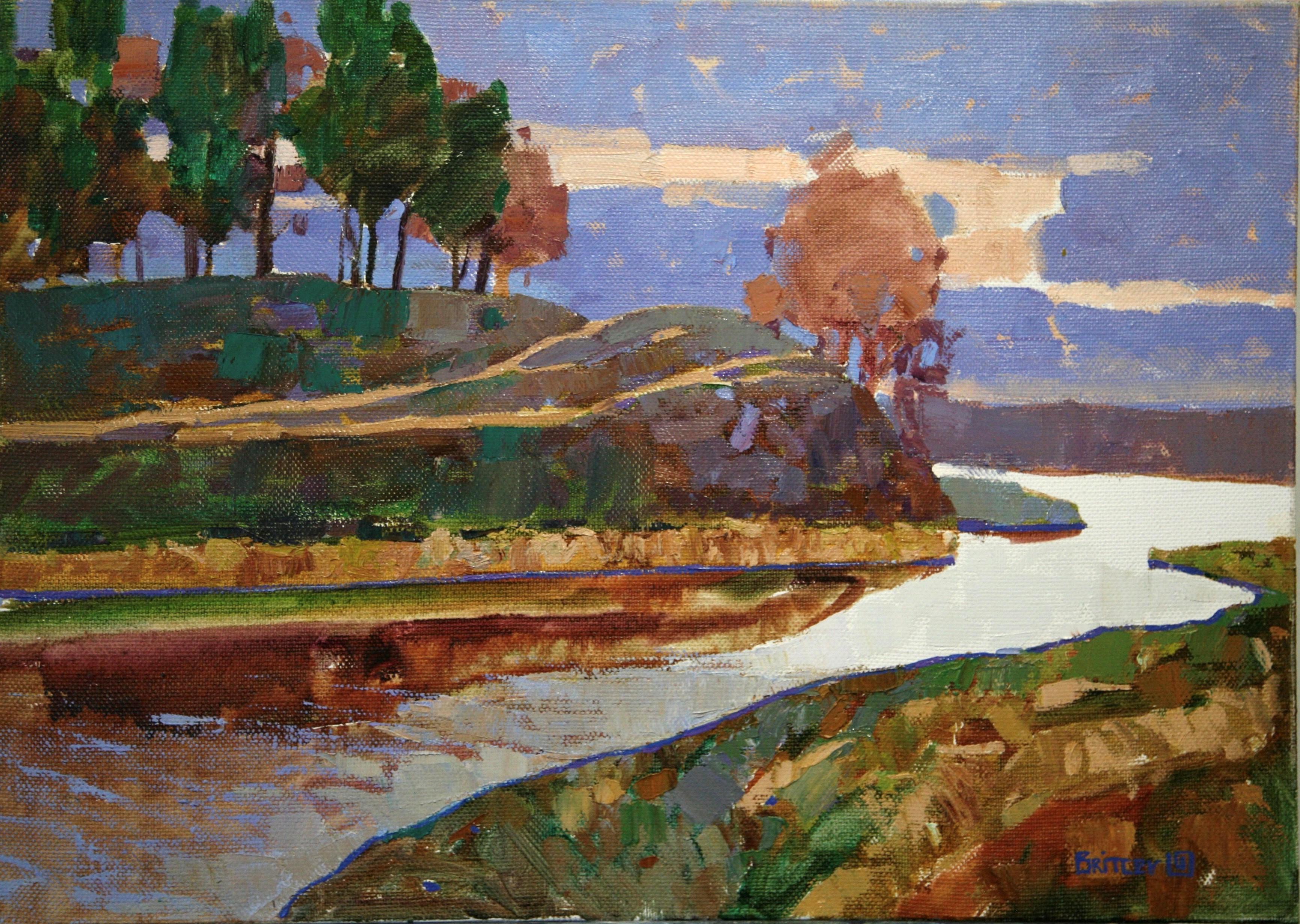 Alexander Britsev Landscape Painting -  Vinnitsa Landscape - Oil Painting White Red Blue Pastel Brown Purple