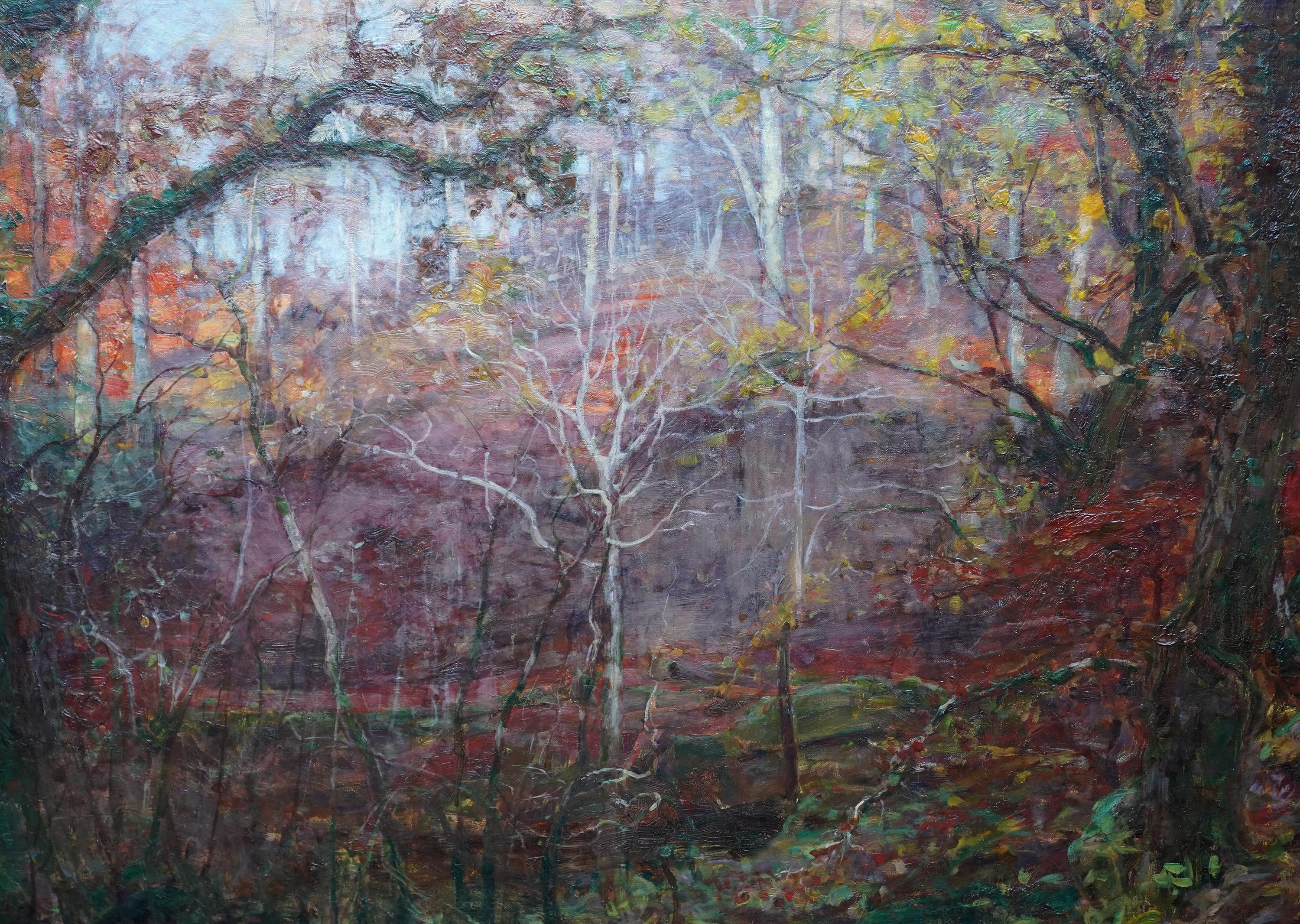 This lovely Scottish Impressionist turn of the century landscape is by noted artist Alexander Brownlie Docharty. Painted circa 1900 it is a woodland landscape in Ayrshire painted up close so one feels immersed in the trees and foliage as they