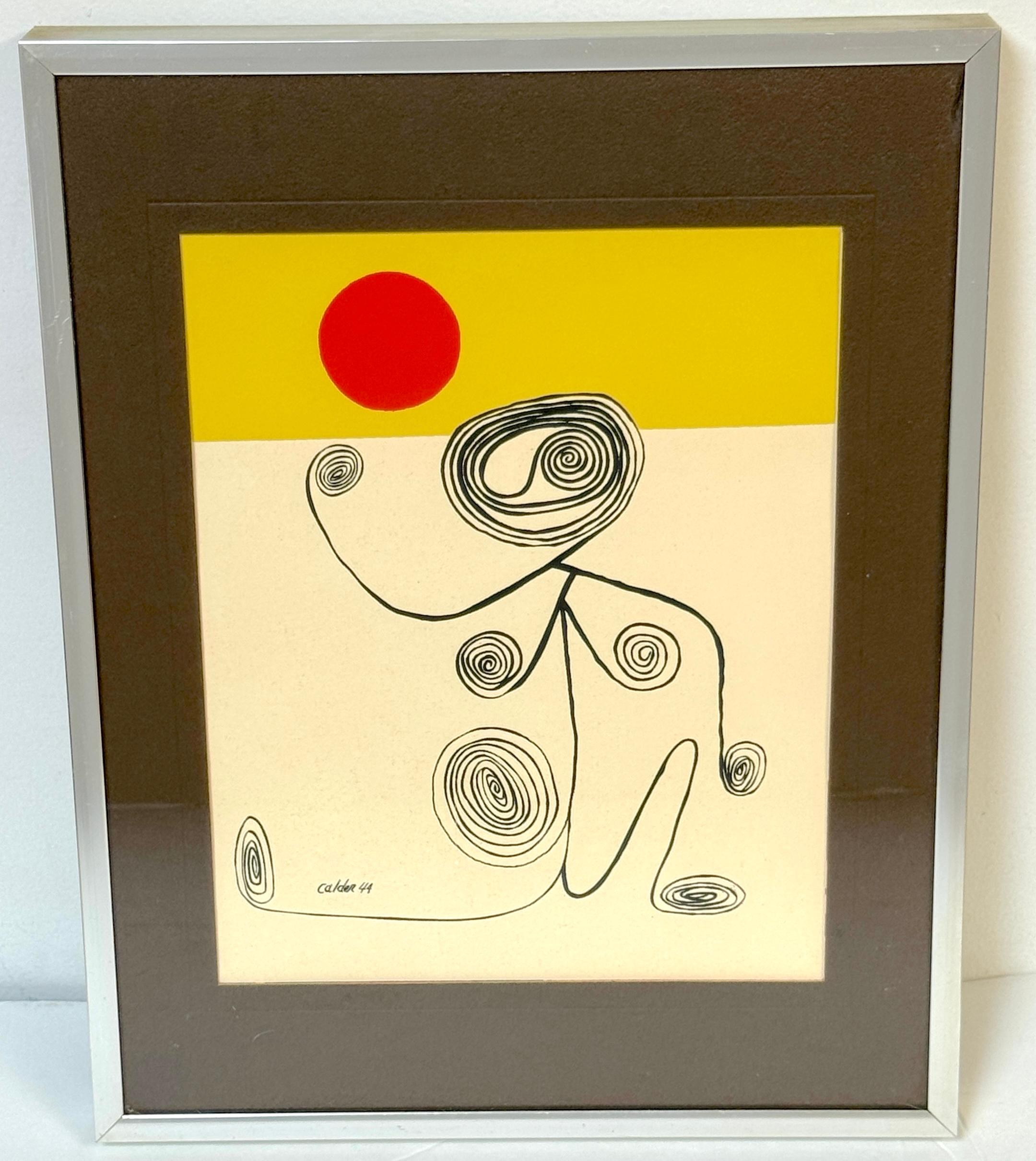 Alexander Calder, 1944 Color Lithograph, Wire Figure Under the Red Sun
Alexander Calder (American, 1898–1967) 
Signed in plate lower left, in period Chrome frame

An original 1944 color lithograph by renowned American artist Alexander Calder
