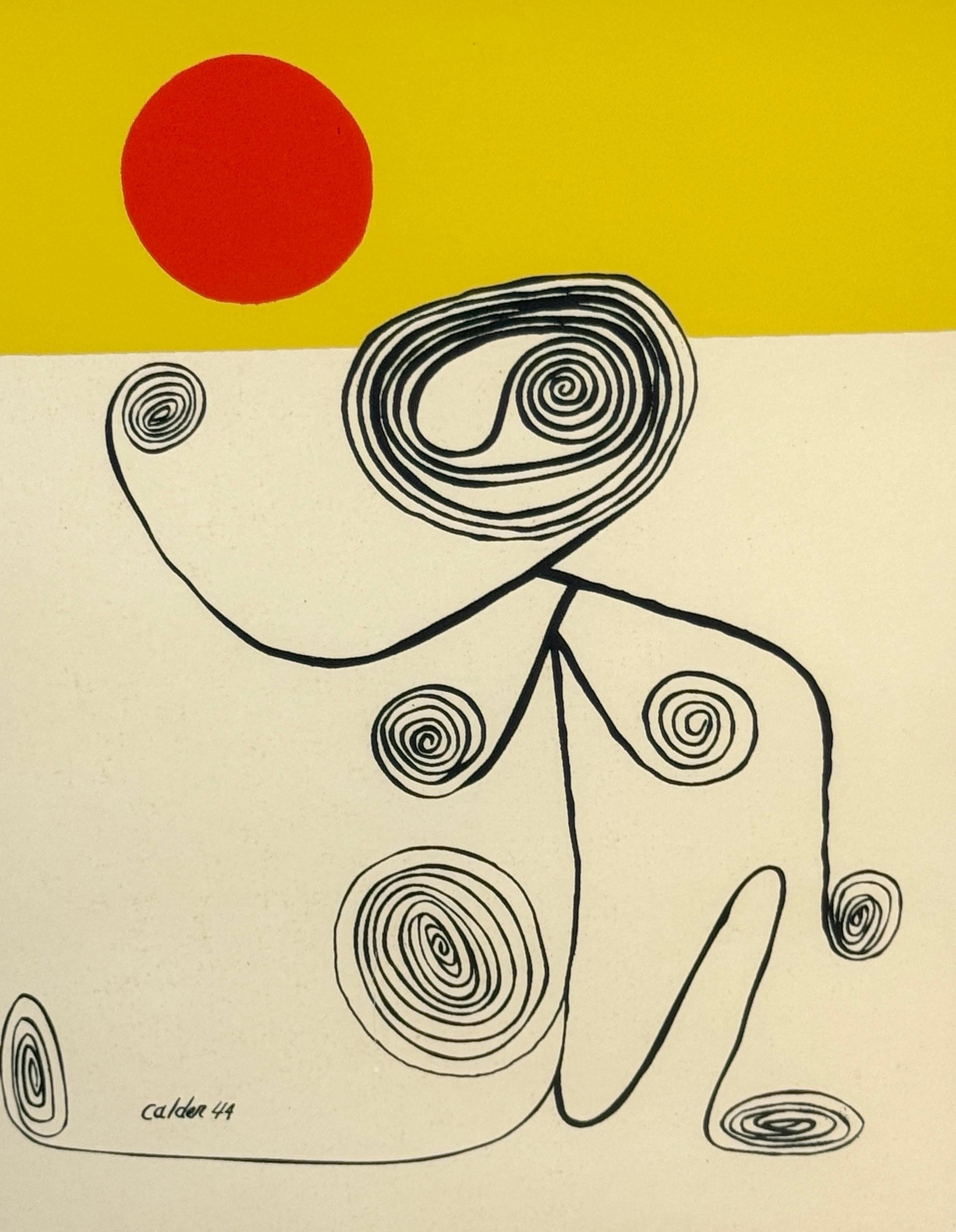 Modern Alexander Calder, 1944 Color Lithograph, Wire Figure Under Red Sun For Sale