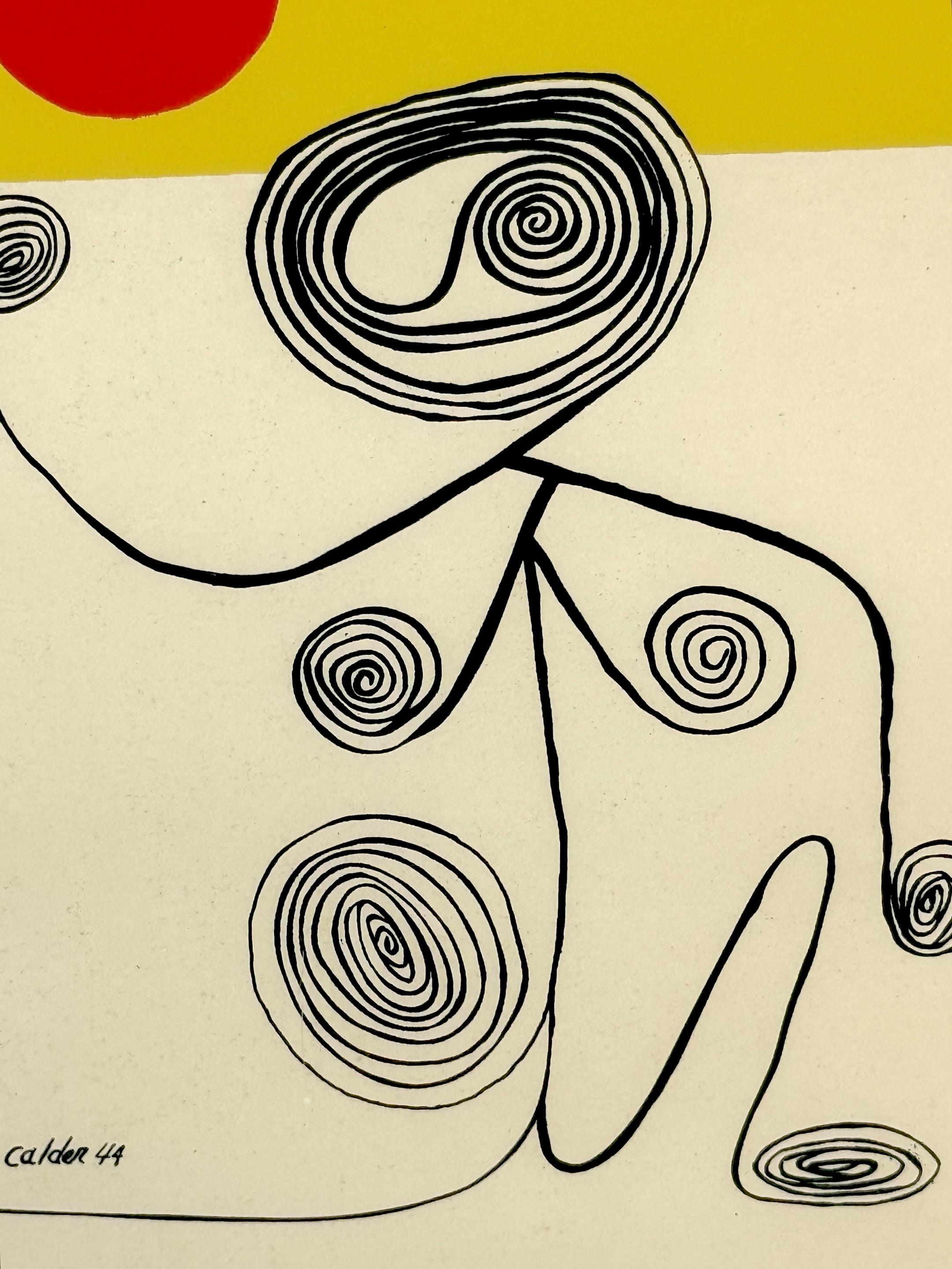 American Alexander Calder, 1944 Color Lithograph, Wire Figure Under Red Sun For Sale