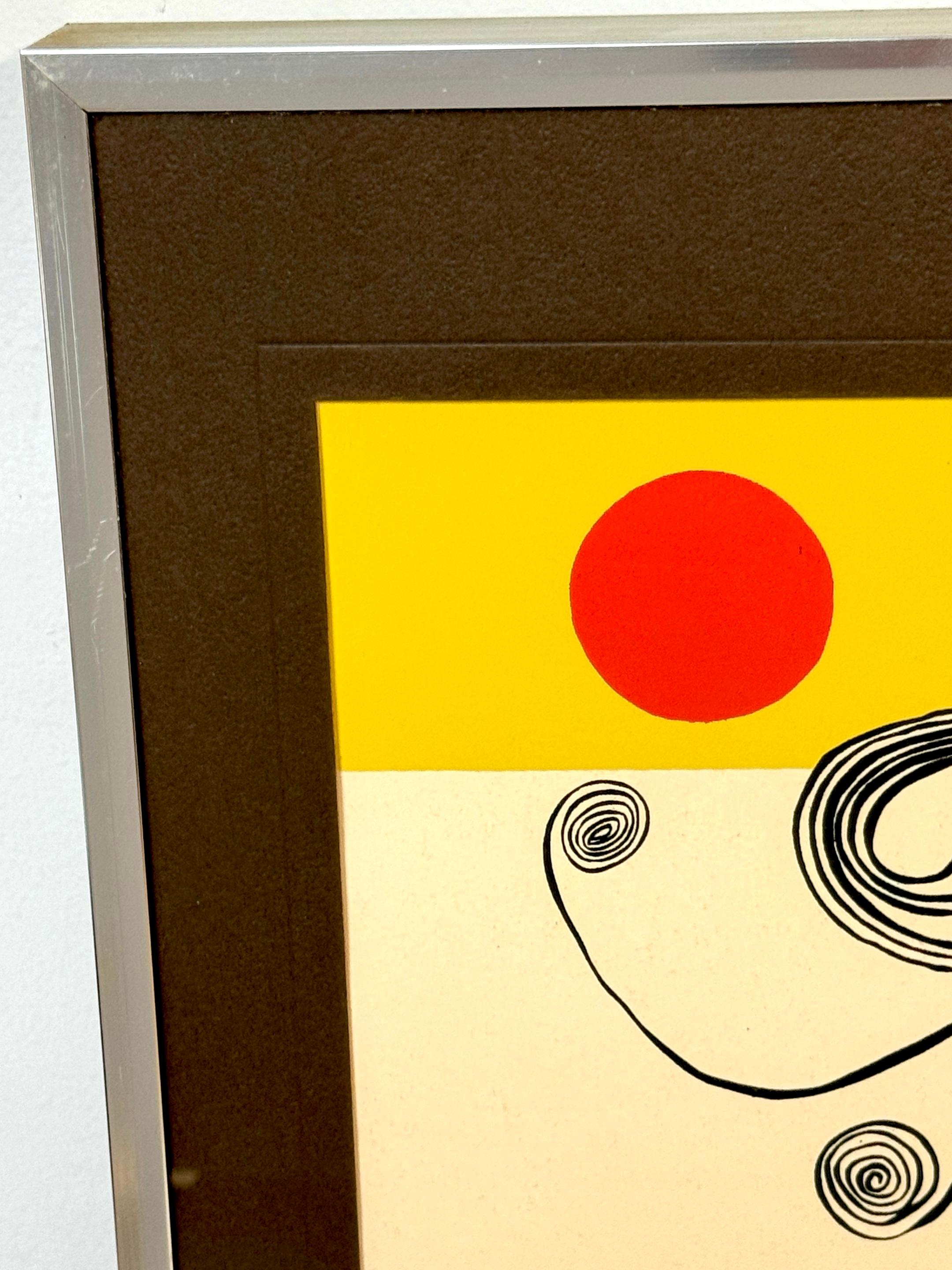 Chrome Alexander Calder, 1944 Color Lithograph, Wire Figure Under Red Sun For Sale