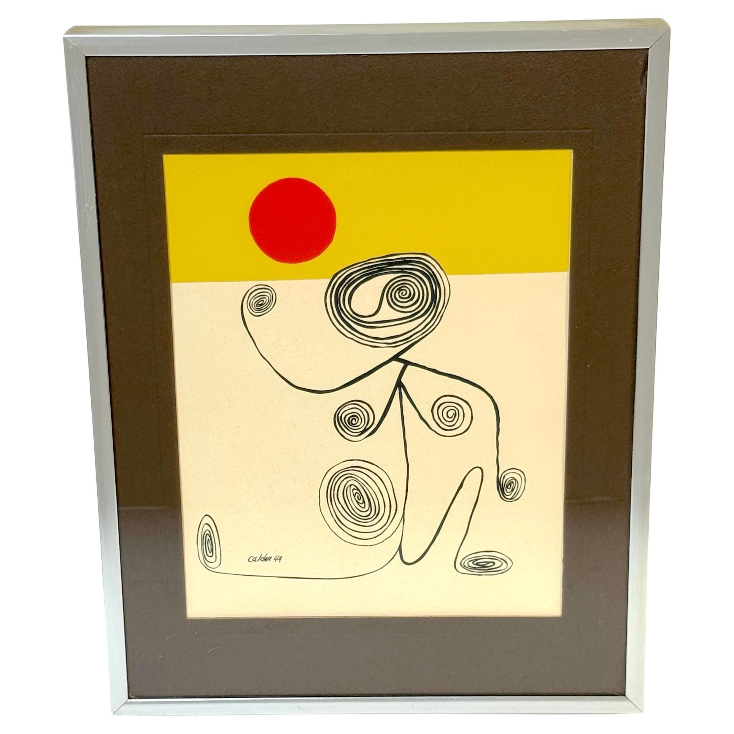 Alexander Calder, 1944 Litografía en color, Figura de alambre bajo el sol rojo