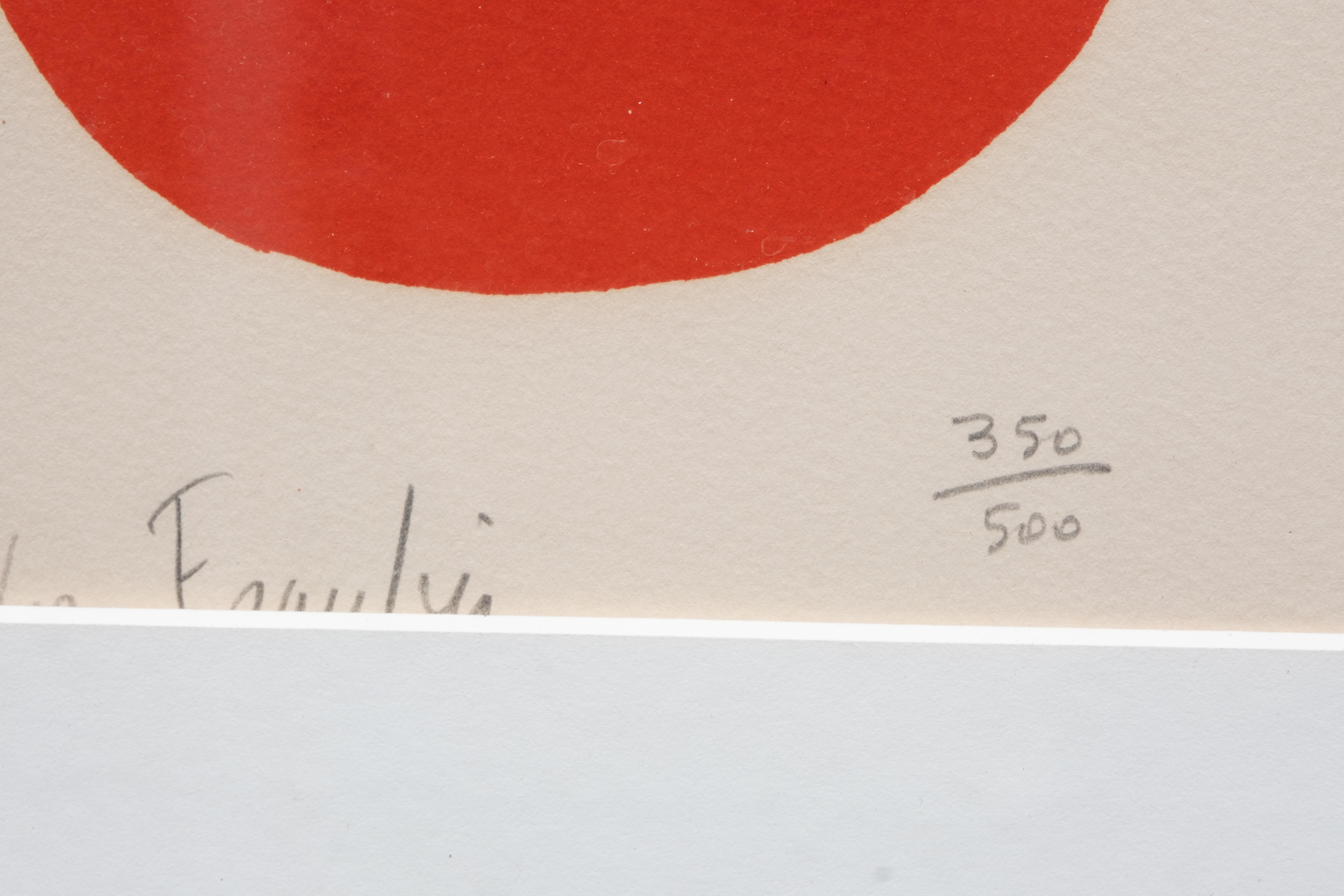 Pencil signed by both Alexander Calder (Lower Right,) and the poet Carlos Franqui (Lower Left) and 1970. Numbered 350/500 Color lithograph, 1970. 610x820 mm; 24x32 1/4 inches, full margins. Initialed by Calder, signed by Carlos Franqui, and numbered