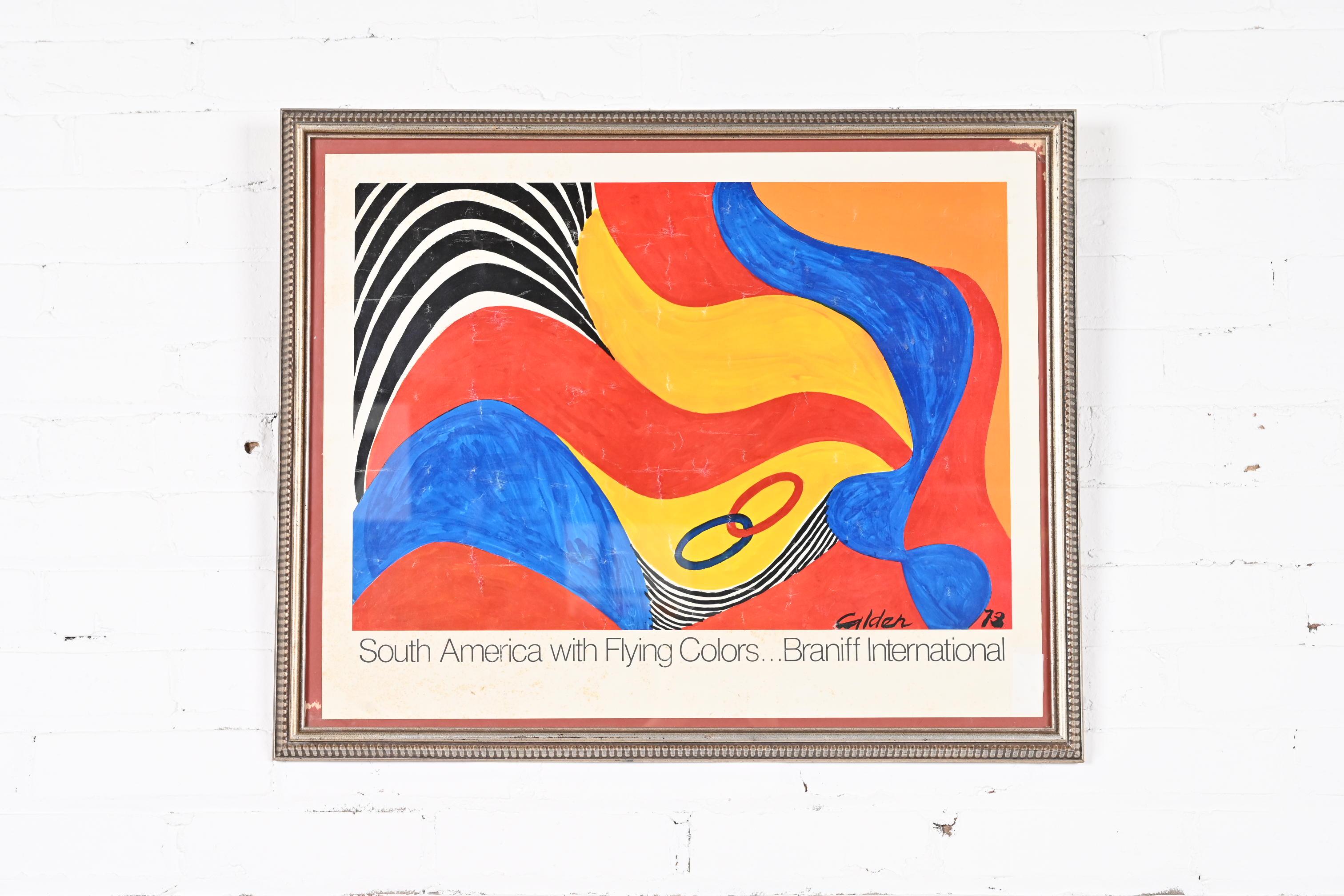 Magnifique lithographie abstraite encadrée d'époque, issue de la collection Flying Colors, commandée par Braniff International Airlines.

Par Alexander Calder

ÉTATS-UNIS, 1973

Mesures : 27 