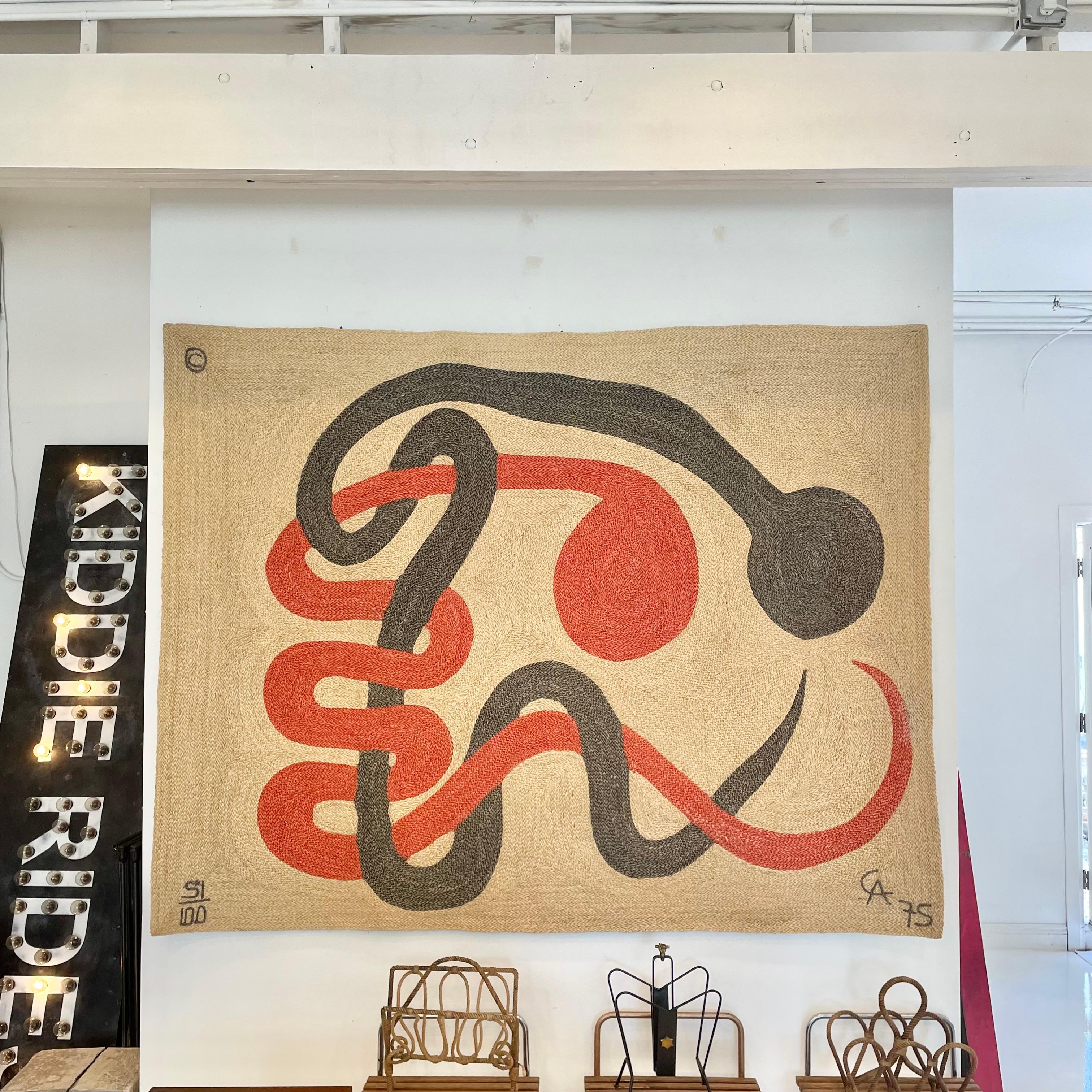 Extremely rare Alexander Calder jute tapestry. Made in Guatemala in 1975. Calder drew 14 designs for a rug or tapestry and a limited edition of each was made by weavers in Guatemala from local fibers. There was an earthquake in 1972, in Nicaragua