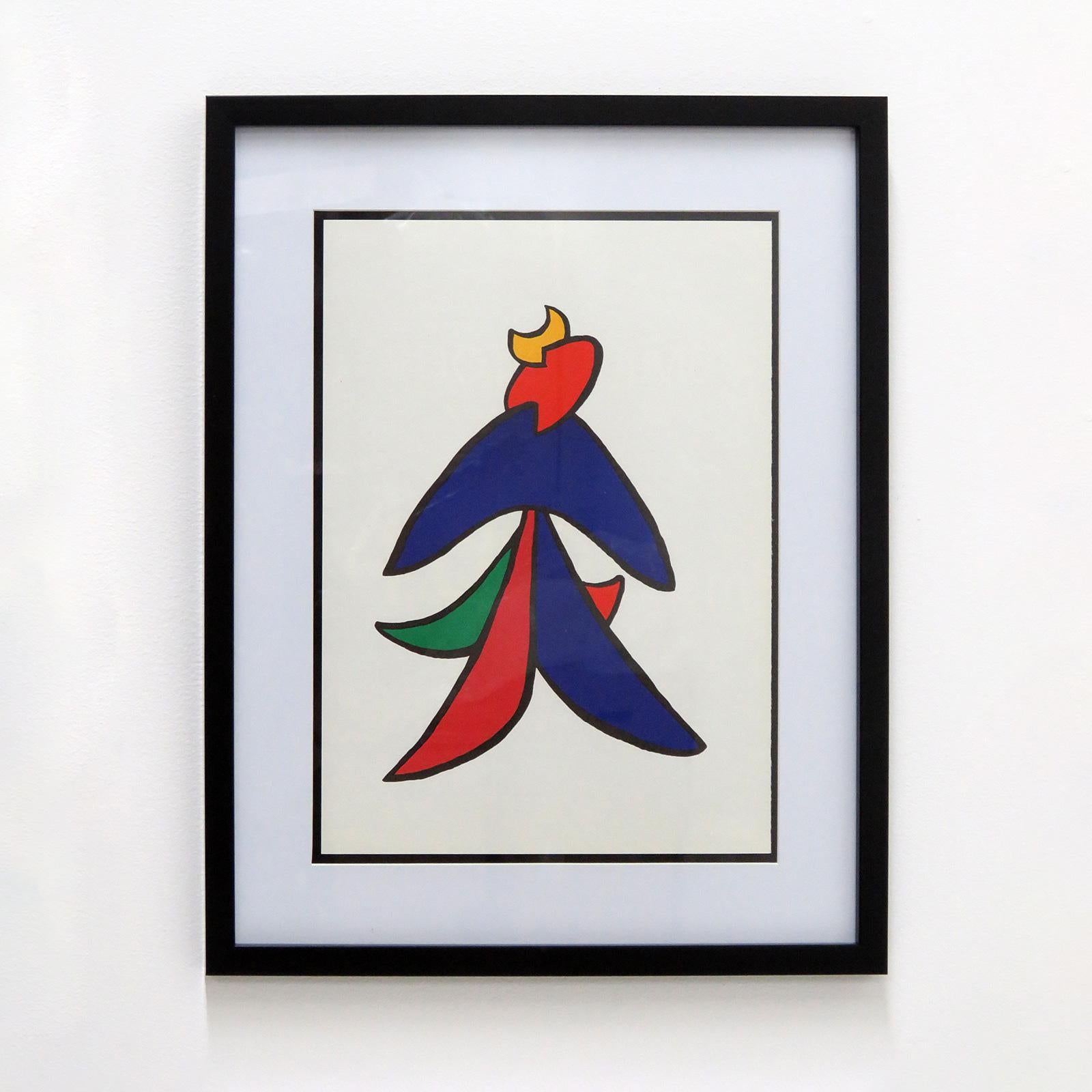 wonderful color lithography ' Dancer' from the stabiles series, printed in 1963 for Derriere le Miroir (issue number 141) by Alexander Calder from 1963, framed behind glass.

This is unsigned, as issued, and from the edition of at least 1500,