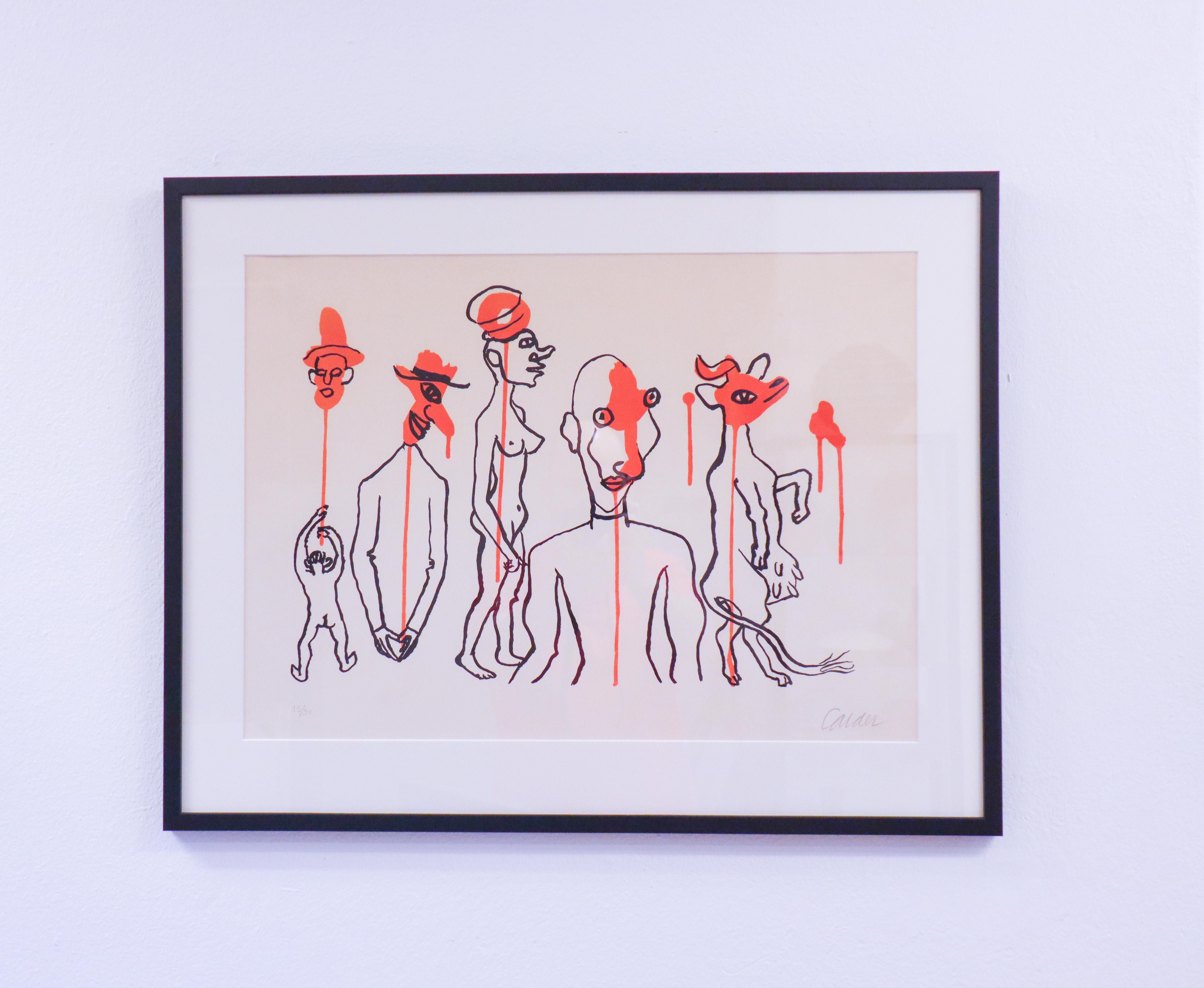 Une lithographie d'Alexander Calder intitulée Les Queles Deqoulinantes. Il s'agit du numéro 15 d'une édition de 90 exemplaires. Il mesure 76 x 59 cm (encadré), 61 x 44 cm (photo). Elle est encadrée mais possède l'autocollant d'origine au dos, datant