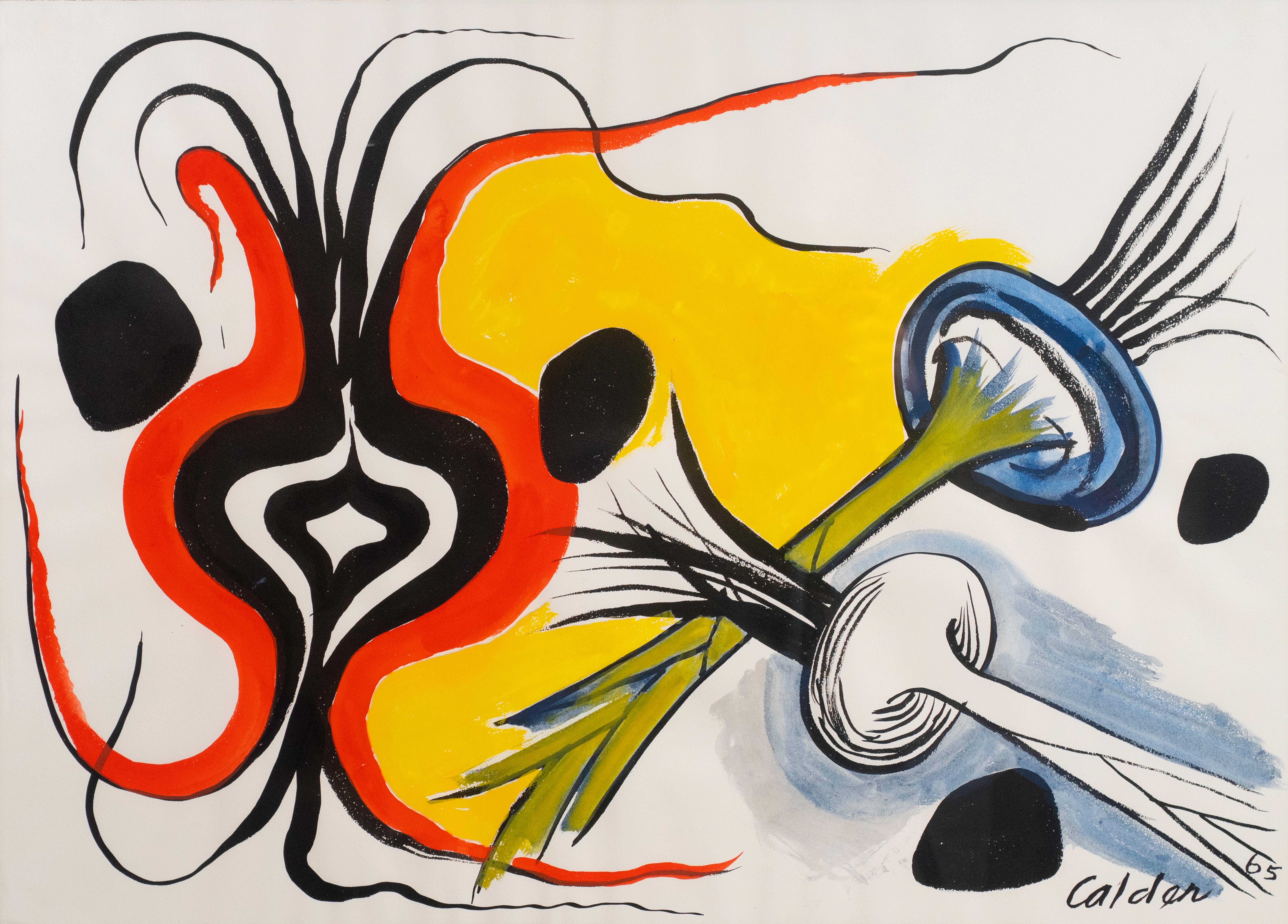 Gouache and ink on paper; Signed "Calder 65"
Calder Foundation Registration #A11309

Provenance: Galerie Maeght, Paris 1965; J.L. Hudson Co., Detroit, 1969; Private collection, IL 1972-2025

Note: Due to the size, weight, and value of this piece, we