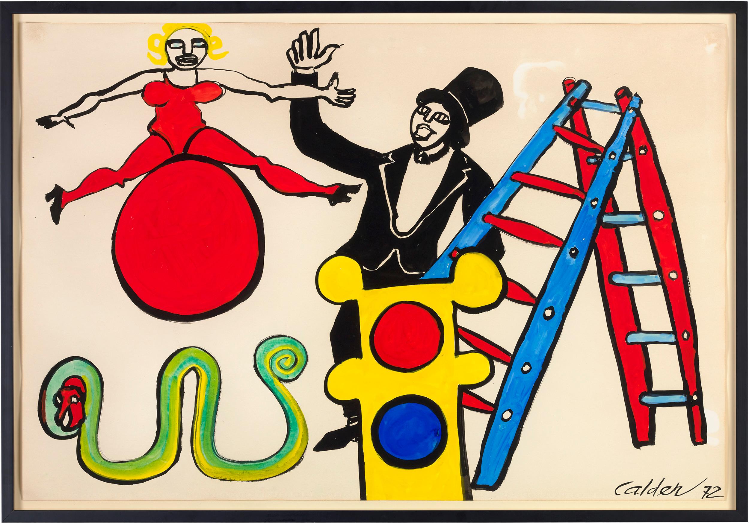 Alexander Calder
1898 – 1976  American

Serpent vert
(Green Serpent)

Gouache and ink on paper
Signed and dated “Calder 72” (lower right)

A masterwork in a rare medium, this gouache and ink on paper by the artistic legend Alexander Calder is an
