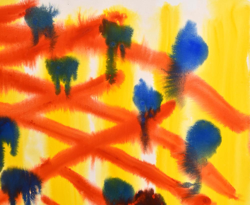 Renowned for his mobiles, Alexander Calder applies the same principles of movement found in his sculptural works in this gouache work titled Untitled, 1964. Vertical yellow stripes cover the background, over which crisscrossed lines of red are