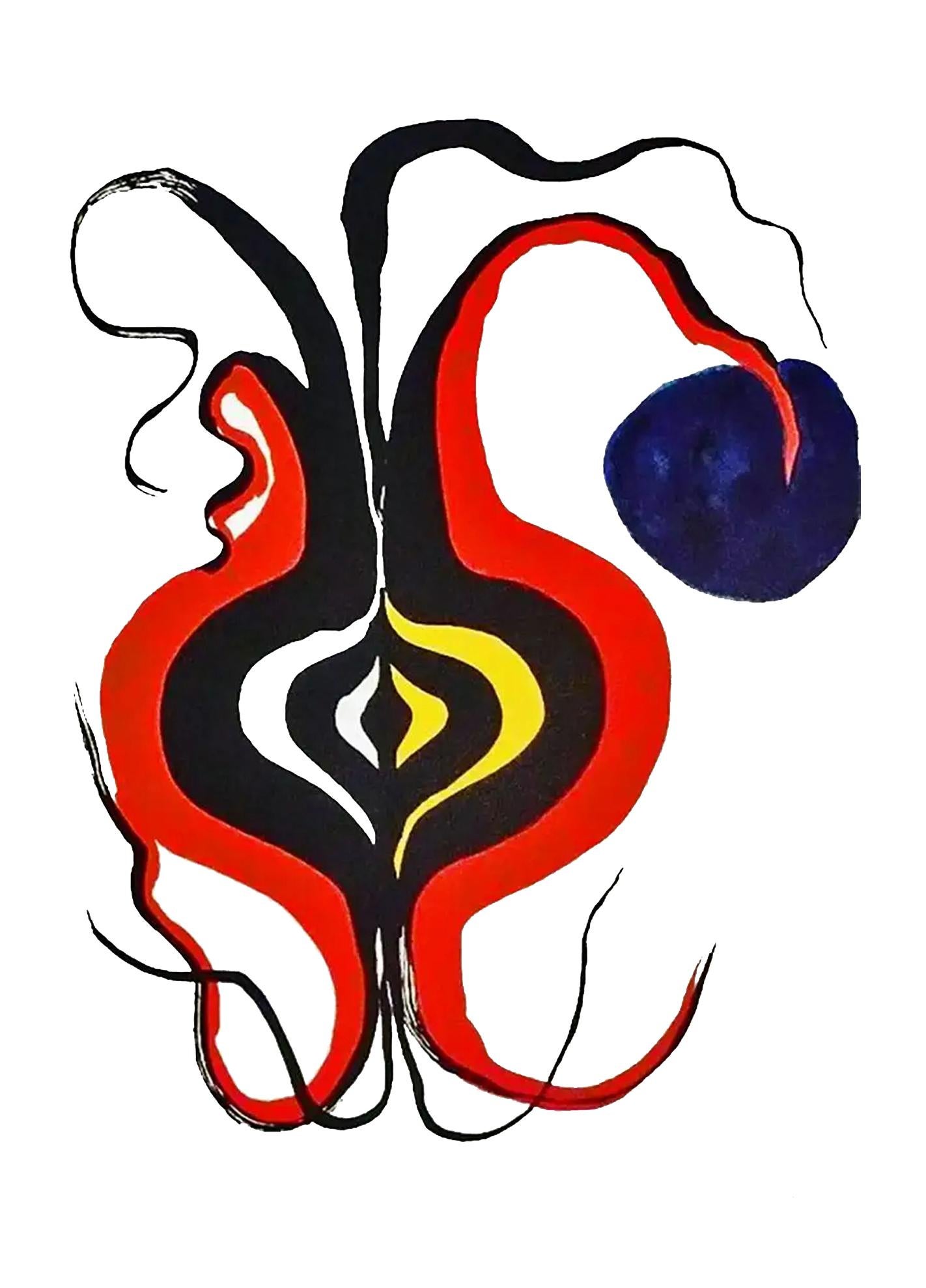 Alexander Calder Lithograph c. 1967 from Derrière le miroir:

Lithograph in colors; 15 x 11 inches.
Good overall vintage condition; some minor bending to lower left corner. 
Unsigned from an edition of unknown.
From: Derrière le miroir Published by: