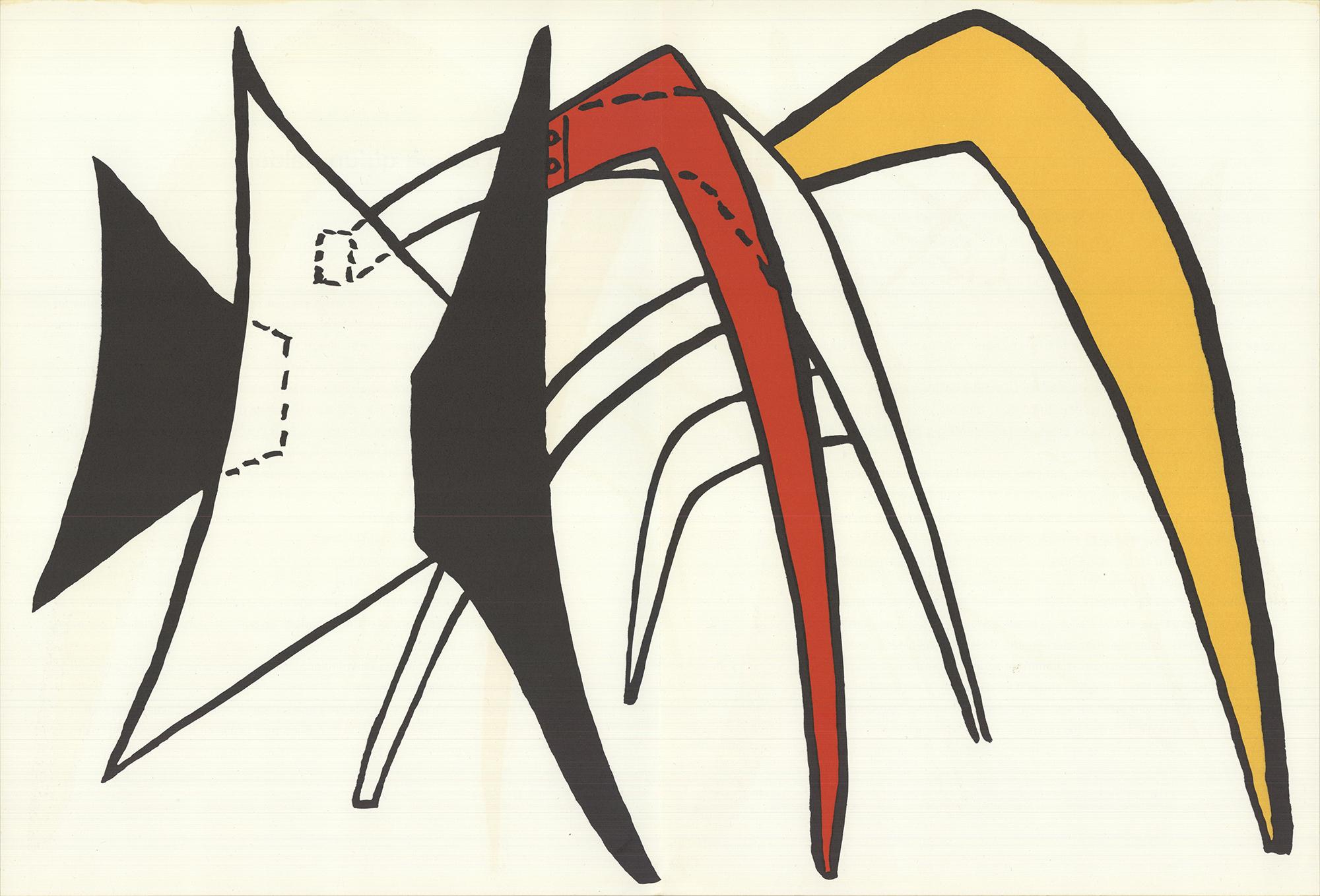 Double page first edition lithograph from Derriere le Miroir (DLM) issue number 141 featuring a photo of one of Alexander Calder's sculptures.
