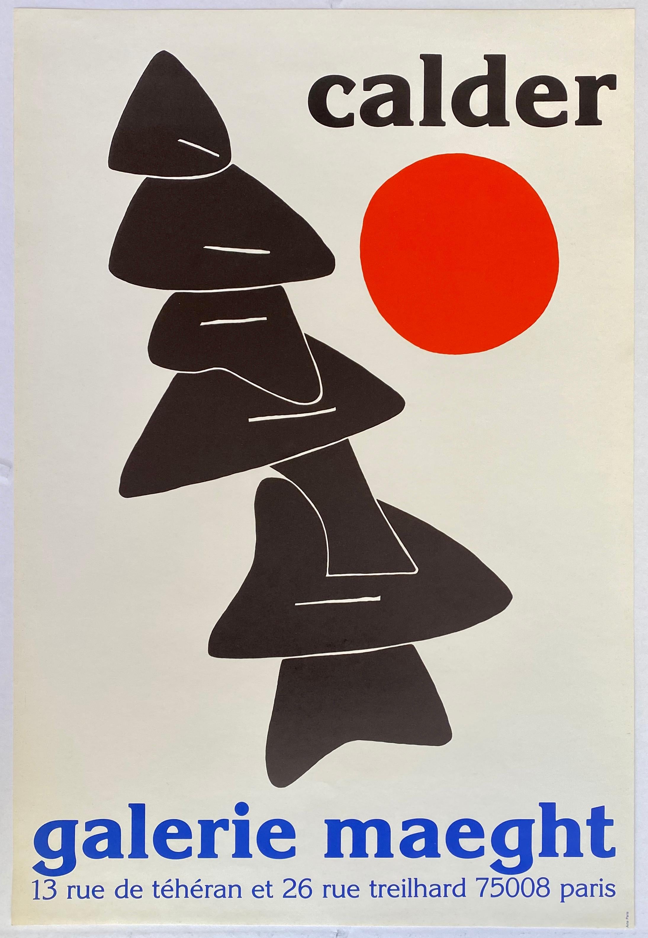 Alexander Calder Paris, c. 1976: vintage lithographic exhibition poster. An original 1st printing in very good vintage condition; stored flat, well-preserved with crisp colors. 

Offset lithograph. 20 x 28.5 inches. 
Published by Galerie Maeght.