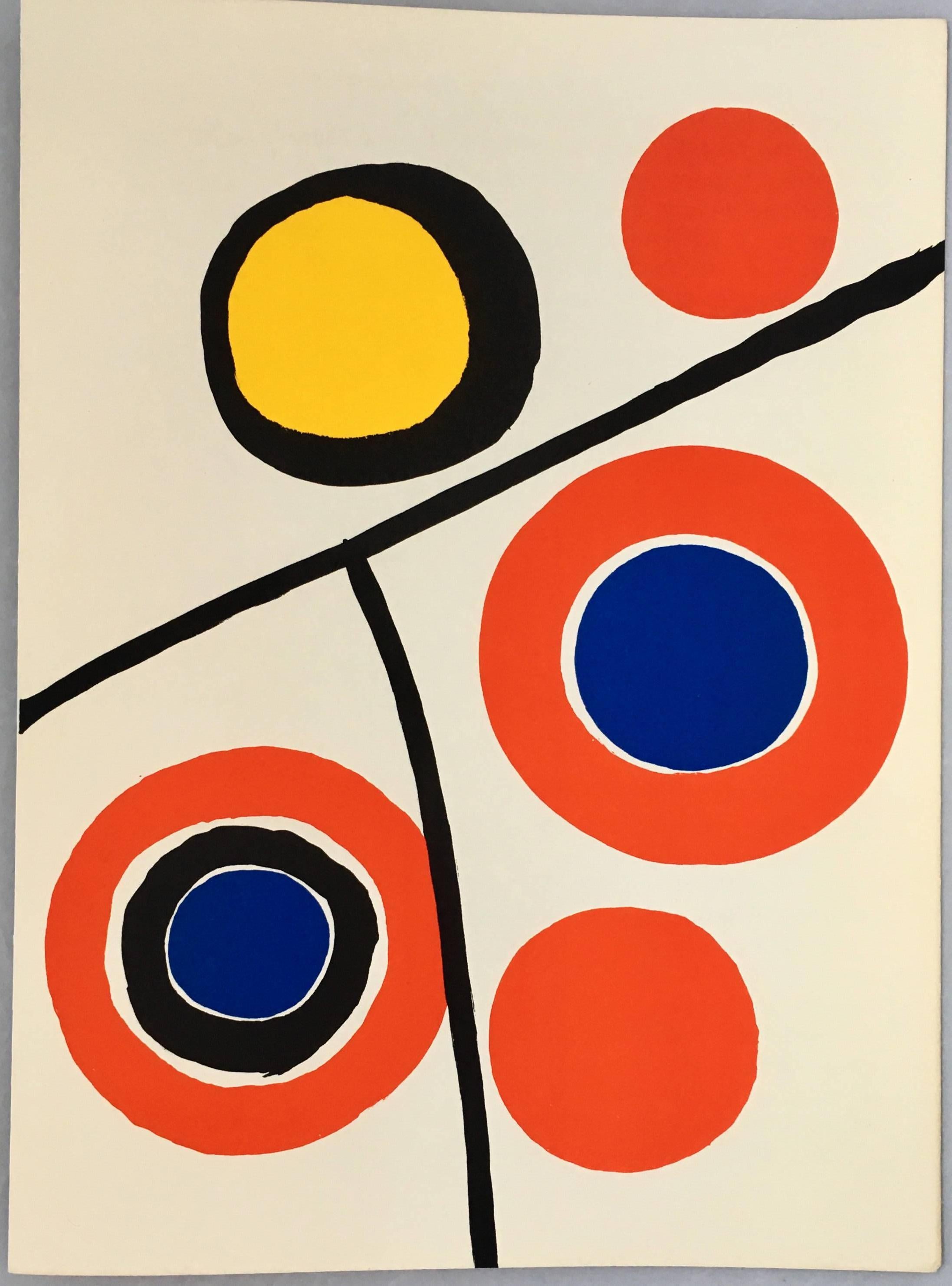 Alexander Calder Lithograph 1973:

Lithograph in colors; 11 x 15 inches.
Very good overall vintage condition.
Unsigned from an edition of unknown.
Portfolio: Derrière le miroir Published France, 1973.

Derrière le miroir:
In October 1945 the French