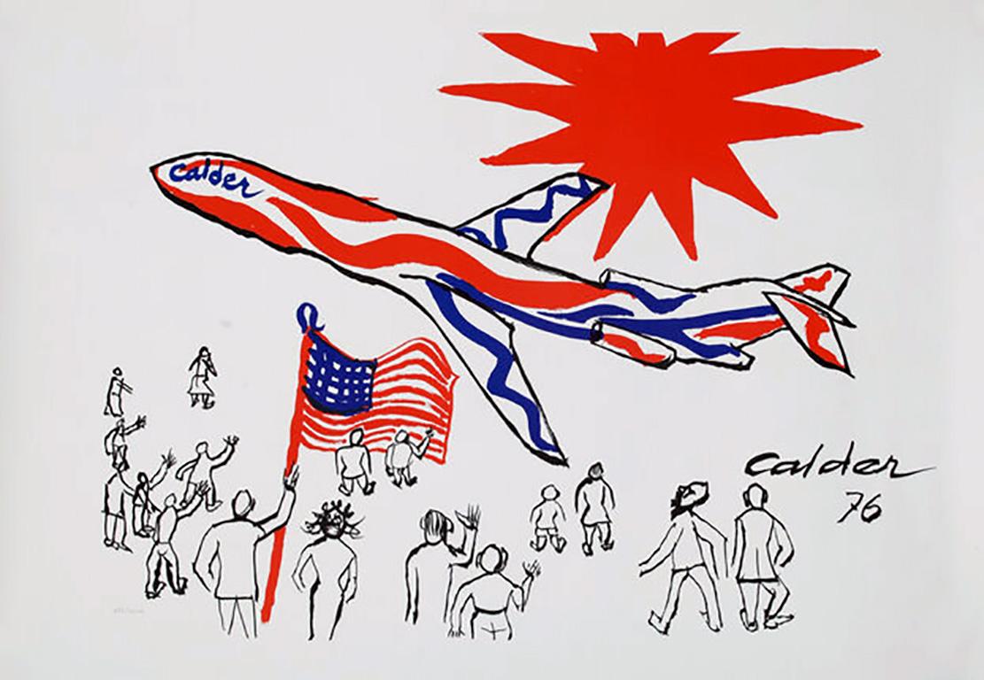 Alexander Calder Braniff Airlines poster 1976: 

Medium: Offset lithograph 
Dimensions: 23 x 33 inches 
An original 1st printing in very good vintage condition. 
Plate signed on the lower right from an edition of unknown.
This is an original 1970s