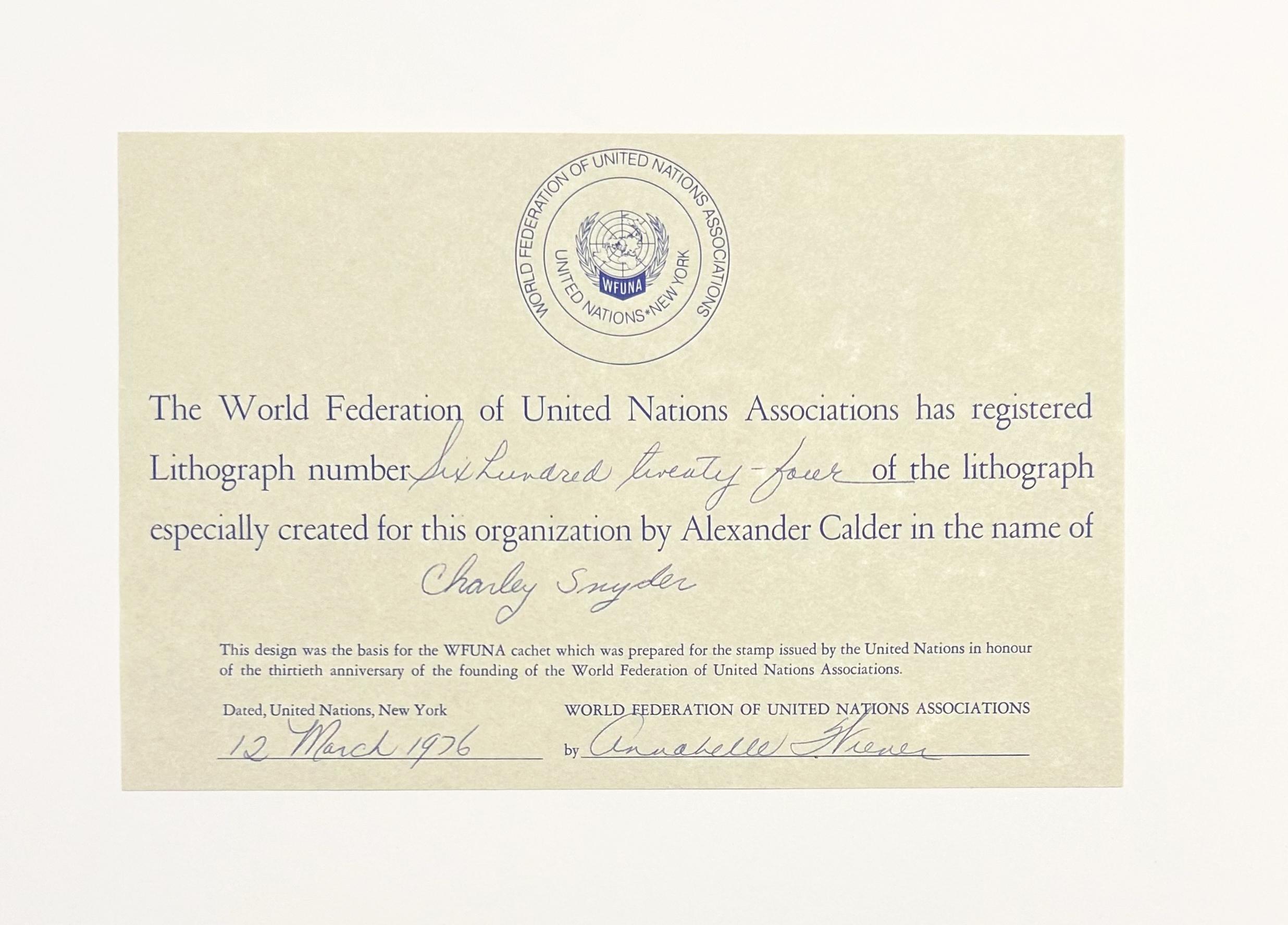 Artist: Alexander Calder
Title: 30th Anniversary of the World Federation of the United Nations
Medium: Lithograph in colors
Date: 1975
Edition: 624/1500
Framed Size: 18 3/4