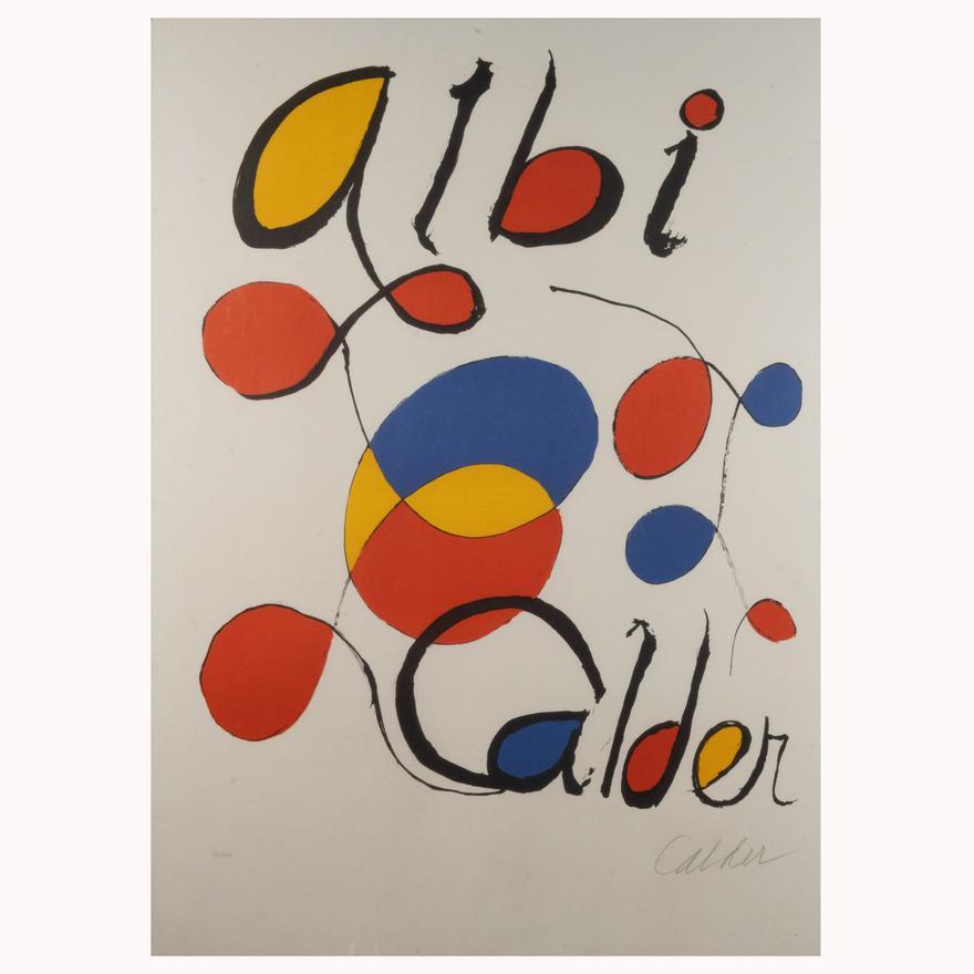 Alexander Calder (américain, 1898-1976), 
Albi", 1969
Lithographie en couleurs
Crayon signé en bas à droite
Edition 94/100
Feuille : 35.25 x 25 pouces
Dans un cadre en acrylique vintage : 35.5 x 25.5 pouces, signé au crayon en bas à droite, édition