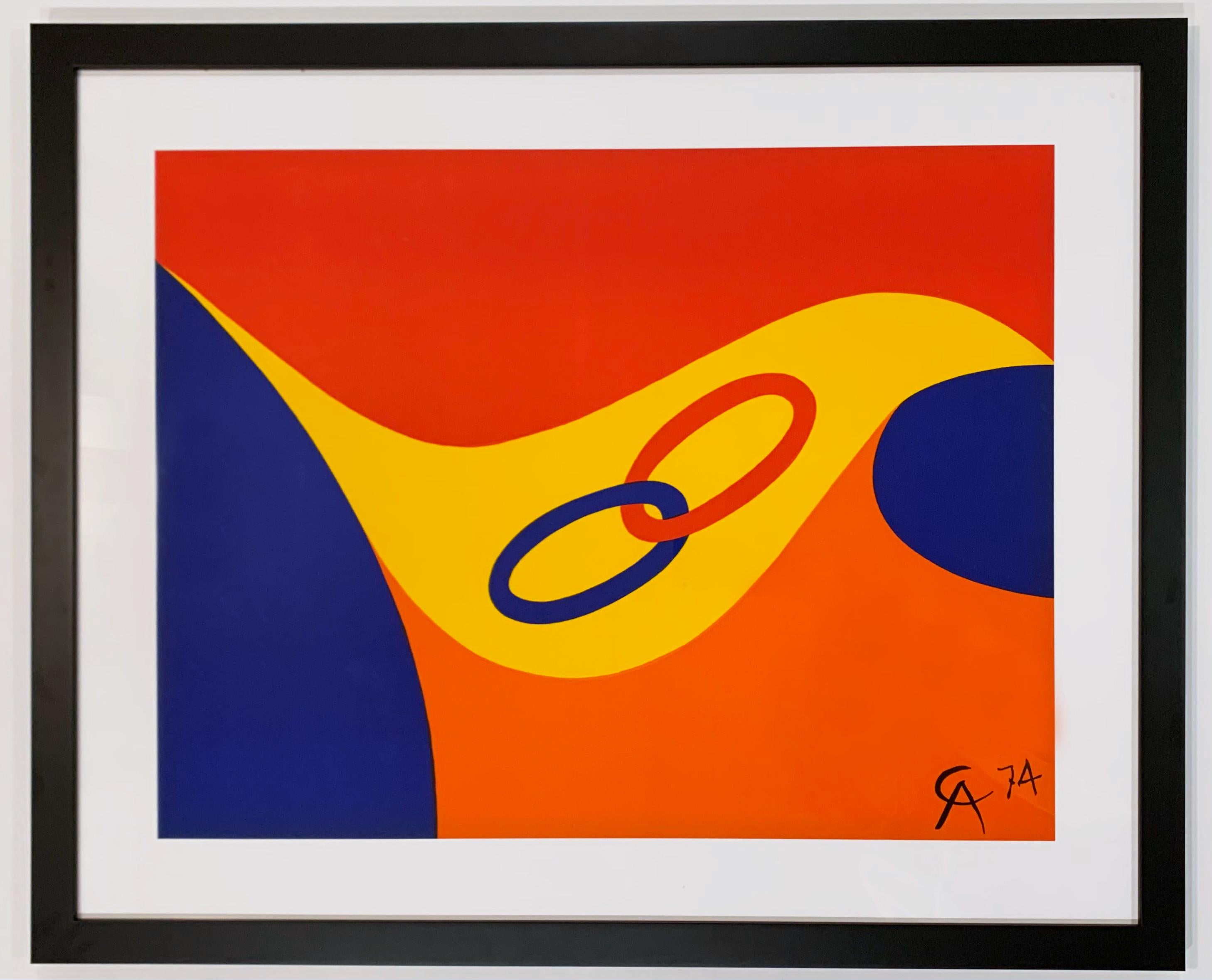 Alexander Calder Friendship
Artist: Alexander Calder
Medium: Original lithograph
Title: Friendship
Portfolio: Flying Colors
Year: 1974
Edition: Open
Signed: In the stone
Framed Size: 33" x 27"
Image Size: 20" x 26" (50.8 x 66 cm)
Sheet Size: 20" x