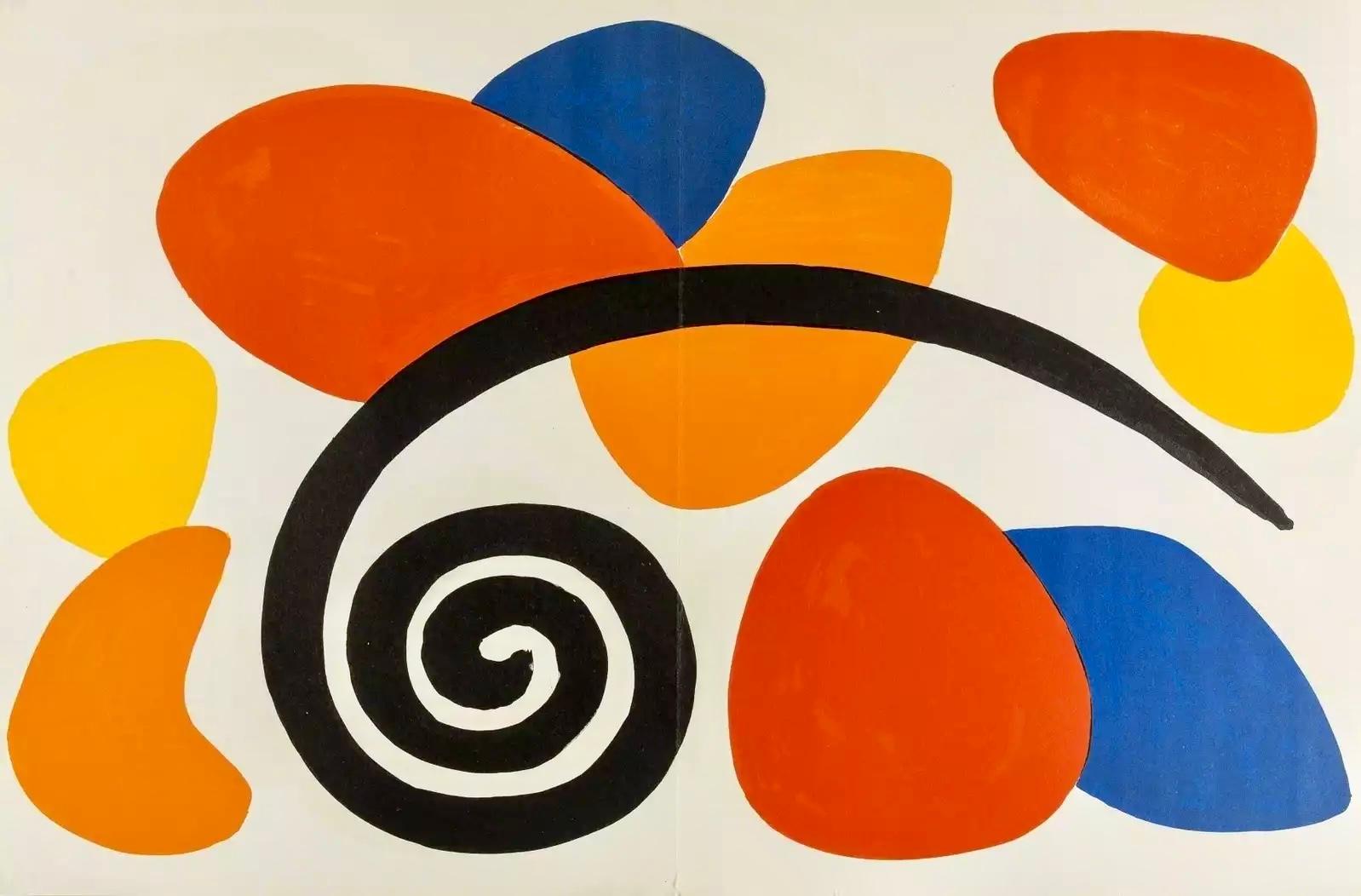 Alexander Calder Lithograph c. 1967 from Derrière le miroir:

Lithograph in colors; 15 x 22 inches.
Very good overall vintage condition; contains center fold-line as originally issued; very well preserved. 
Unsigned from an edition of unknown.
From: