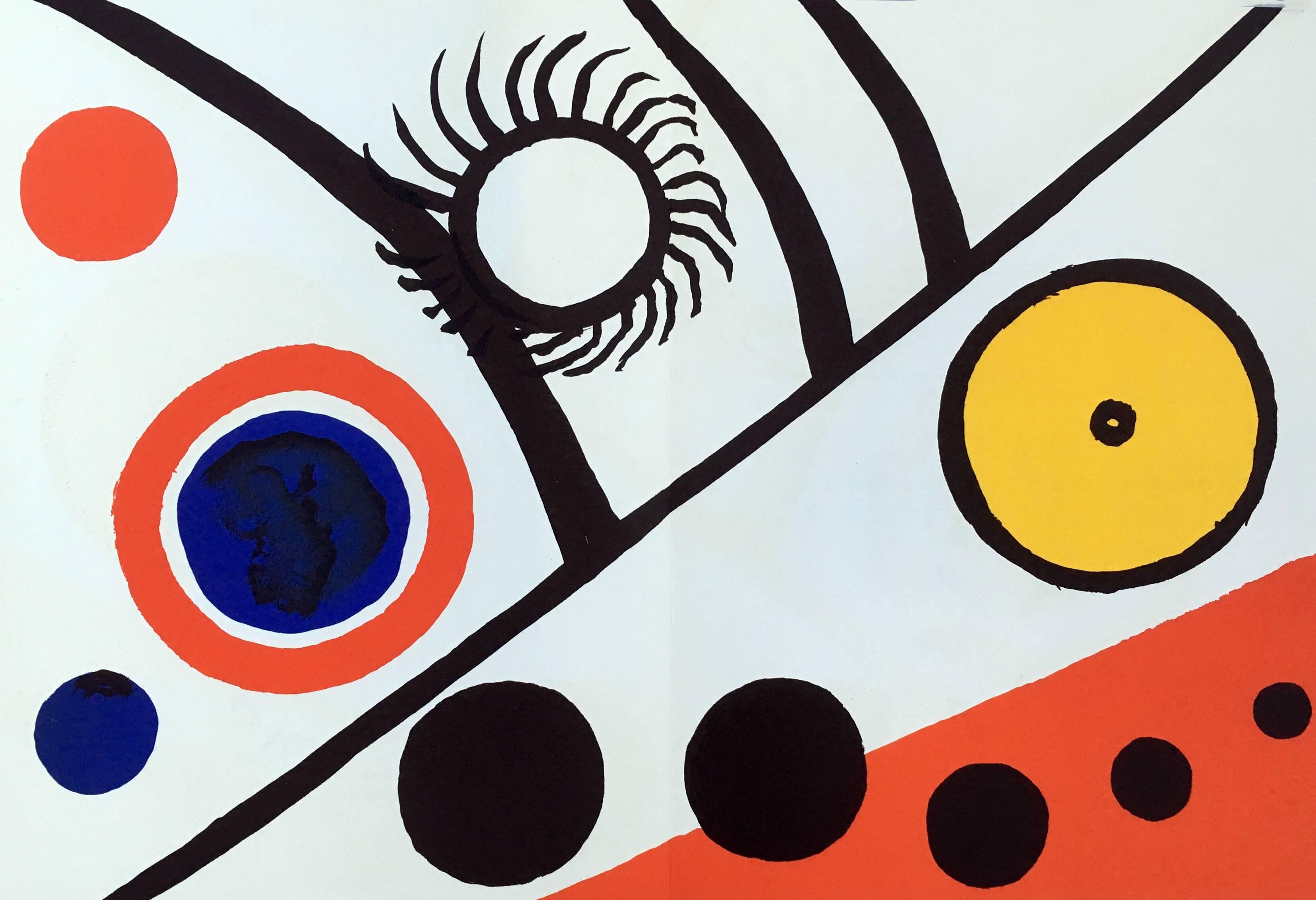 Alexander Calder Lithograph c. 1973 from Derrière le miroir:

Lithograph in colors; 15 x 22 inches.

Good overall vintage condition; contains center fold-line as originally issued; some bending to upper right & left corners. 

Unsigned from an