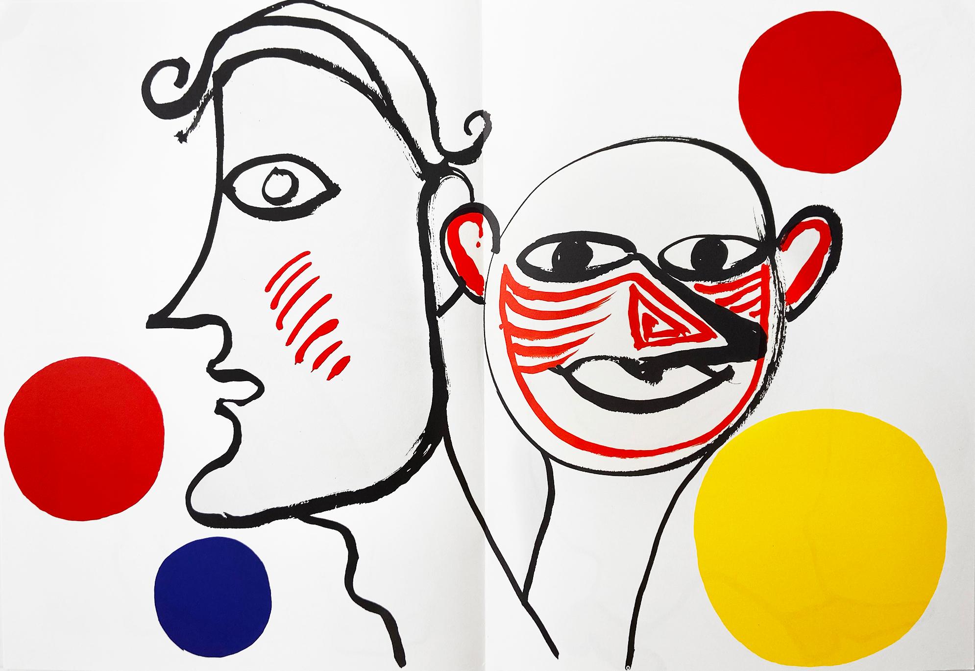 Alexander Calder Lithograph c. 1975:

Lithograph in colors; 15 x 22 inches.
Some corner bending on both upper areas; in otherwise good overall vintage condition with bright colors; contains center fold-line as originally issued.
Unsigned from an