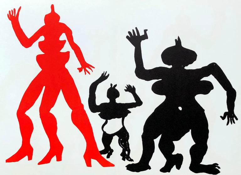 Vintage Alexander Calder Three Legged Men Lithograph:
Published by: Galerie Maeght, Paris, 1975 Portfolio: Derriere le Miroir.

Medium: Lithograph in colors. 
Dimensions: 15 x 22 inches.
Center fold-line as issued; very good condition overall