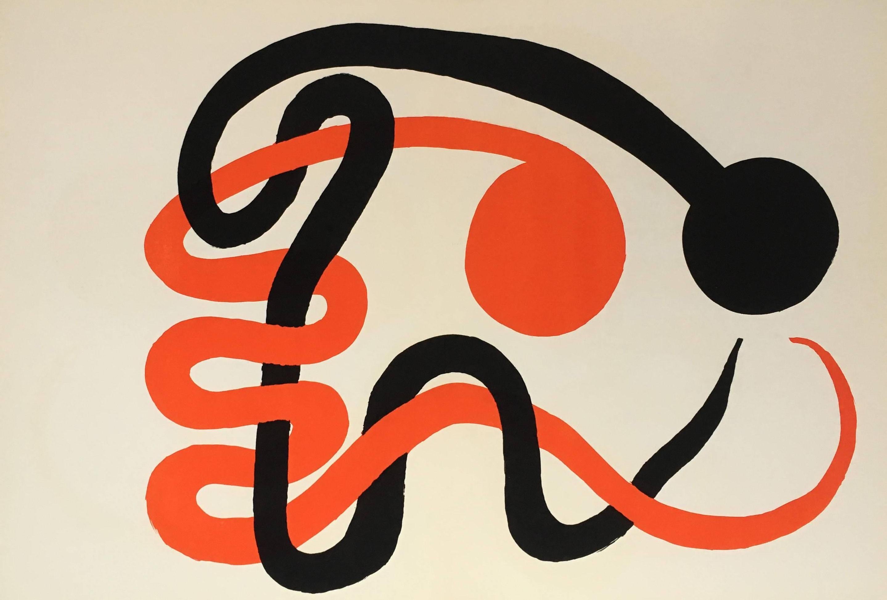 Alexander Calder Lithograph c. 1973 from Derrière le miroir:

Lithograph in colors; 15 x 22 inches.
Very good overall vintage condition; contains center fold-line as originally issued; well-preseved. 
Unsigned from an edition of unknown.
From: