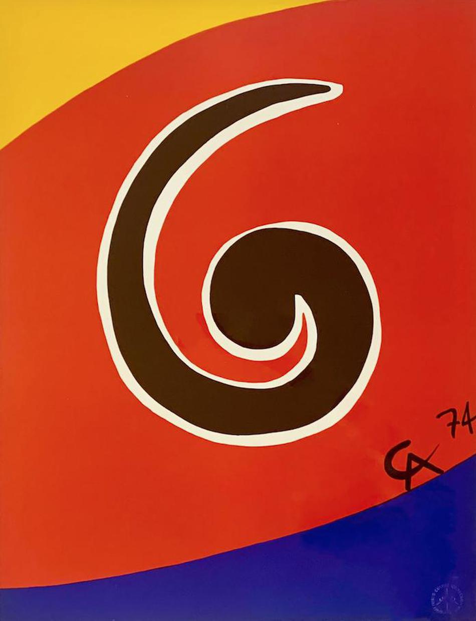 Wolkenwirbel von Alexander Calder
Künstler: Alexander Calder
Titel: Skyswirl
Portfolio: Fliegende Farben
Medium: Original-Lithographie
Jahr: 1974
Auflage: Unnumeriert
Unterschrieben: Im Stein
Rahmengröße: 32" x 26"
Blattgröße: 26" x 20" 
Bild Größe: