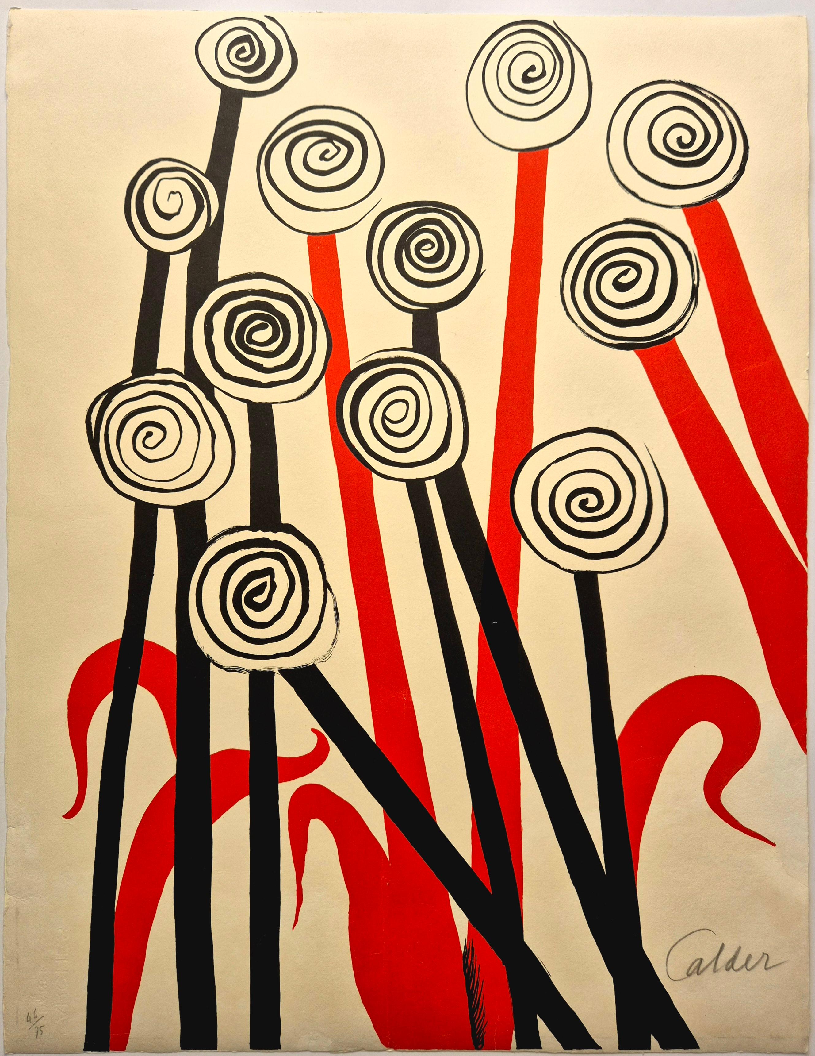  Alexander Calder
Spiral Flowers, from Magie Eolienne Portfolio, 1972
Lithograph on wove paper
Sheet size: 25 1/2 x 19 1/2 in
Hand-signed lower right
Edition 46/75 low left, there were also 7 artist's proofs
Published/Printed by Société