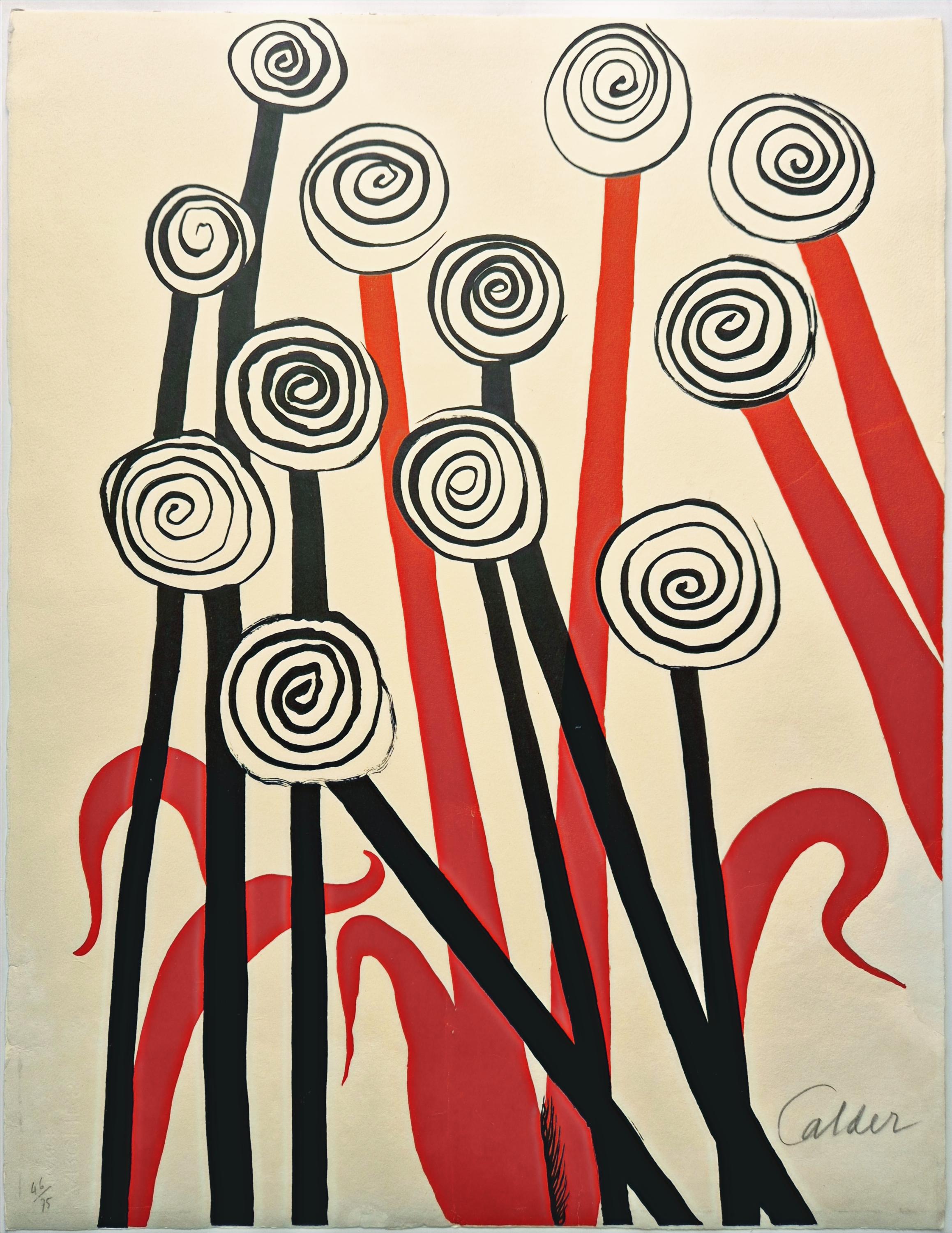  Alexander Calder
Flores en espiral, de Magie Eolienne Portfolio, 1972
Litografía sobre papel tejido
Tamaño de la hoja: 25 1/2 x 19 1/2 pulg.
Firmado a mano abajo a la derecha
Edición 46/75 bajo izquierda, también hubo 7 pruebas de