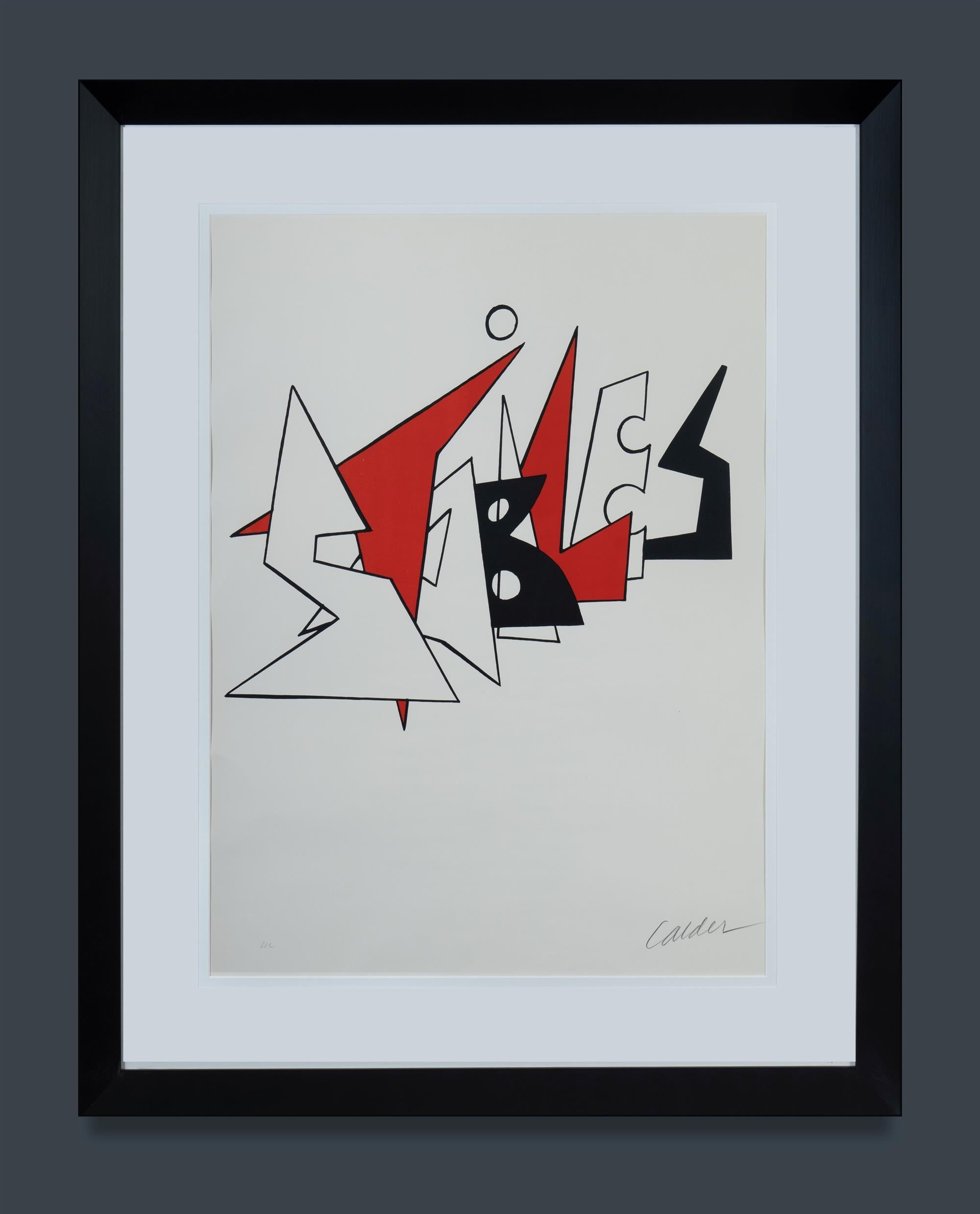 Alexander Calder 
'Stabiles,' 1963.
Signed in pencil lower right.
Lithograph in Colours H.C.
Published by Maeght, Paris
Image: 70 x 51 cm 
Frame: 94.5 x 75 x 5 cm