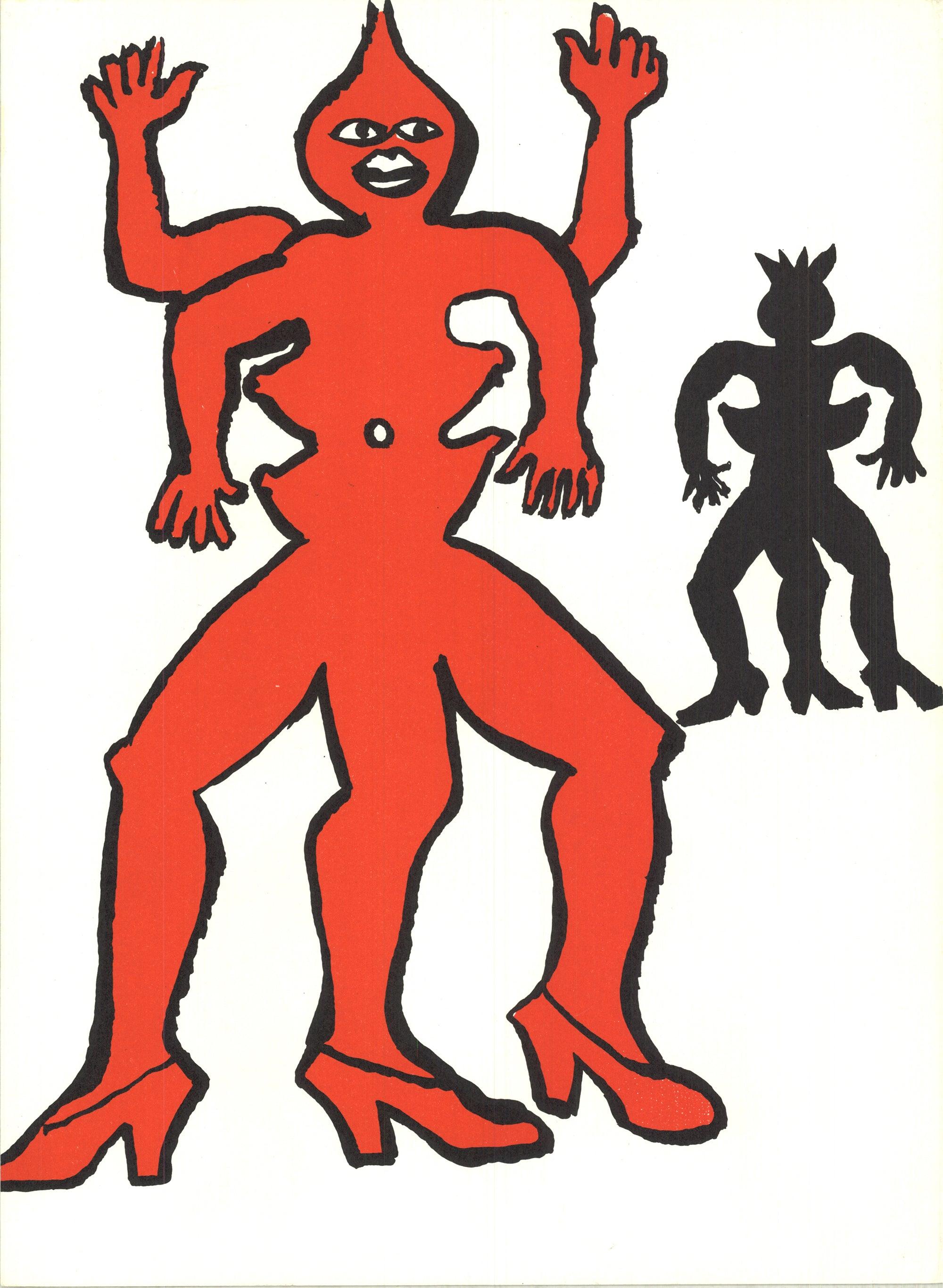 This first edition lithograph by Alexander Calder, from Derrière le Miroir (DLM) number 212, showcases Calder
s playful and abstract style. The image features two figures, one in red and one in black, both with three legs and wearing high heels.