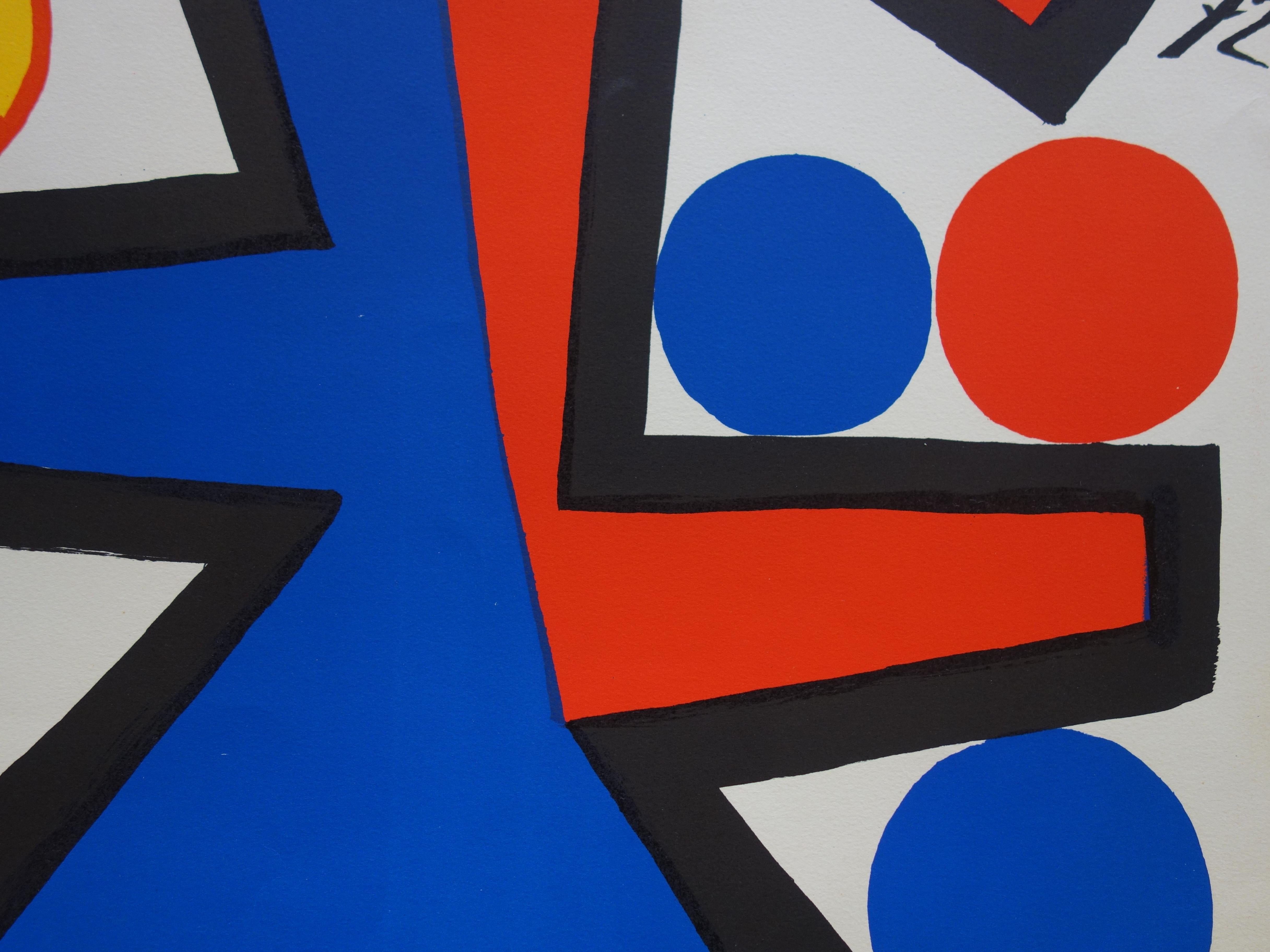 Alexander CALDER
Asymmetrie, 1972

Original-Lithographie
Unterschrift in der Platte gedruckt
Auf Arches Vellum 81 x 58 cm (ca. 32 x 23 inch)

Sehr guter Zustand, leichte Verfärbung im unteren Teil und kleine Papierverluste (siehe die beiden letzten