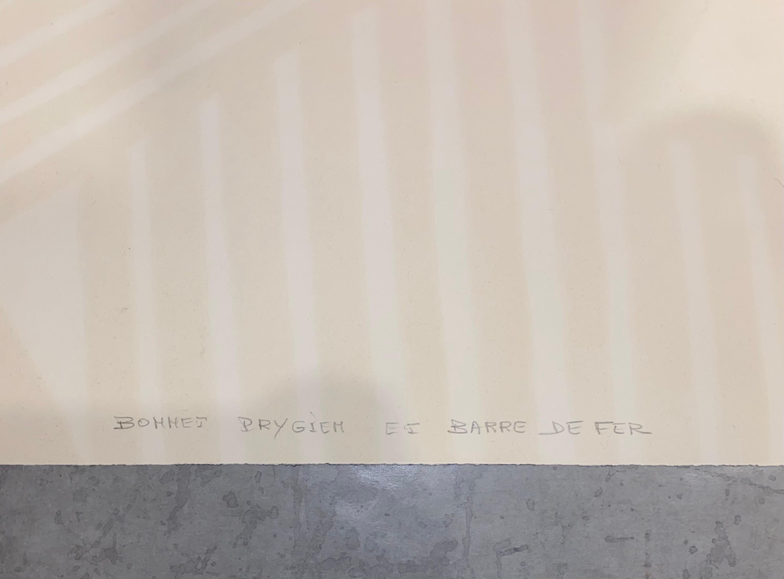 Phrygische Mütze und Eisenstange (Bonnet Phrygien et Barre de Fer), 1974
Farblithographie auf Chiffon de Mandeure Papier, vollrandig, gerahmt
Maeght Editeur, Paris
29,5 x 43,3 Zoll 
Signiert und nummeriert mit Bleistift, Auflage