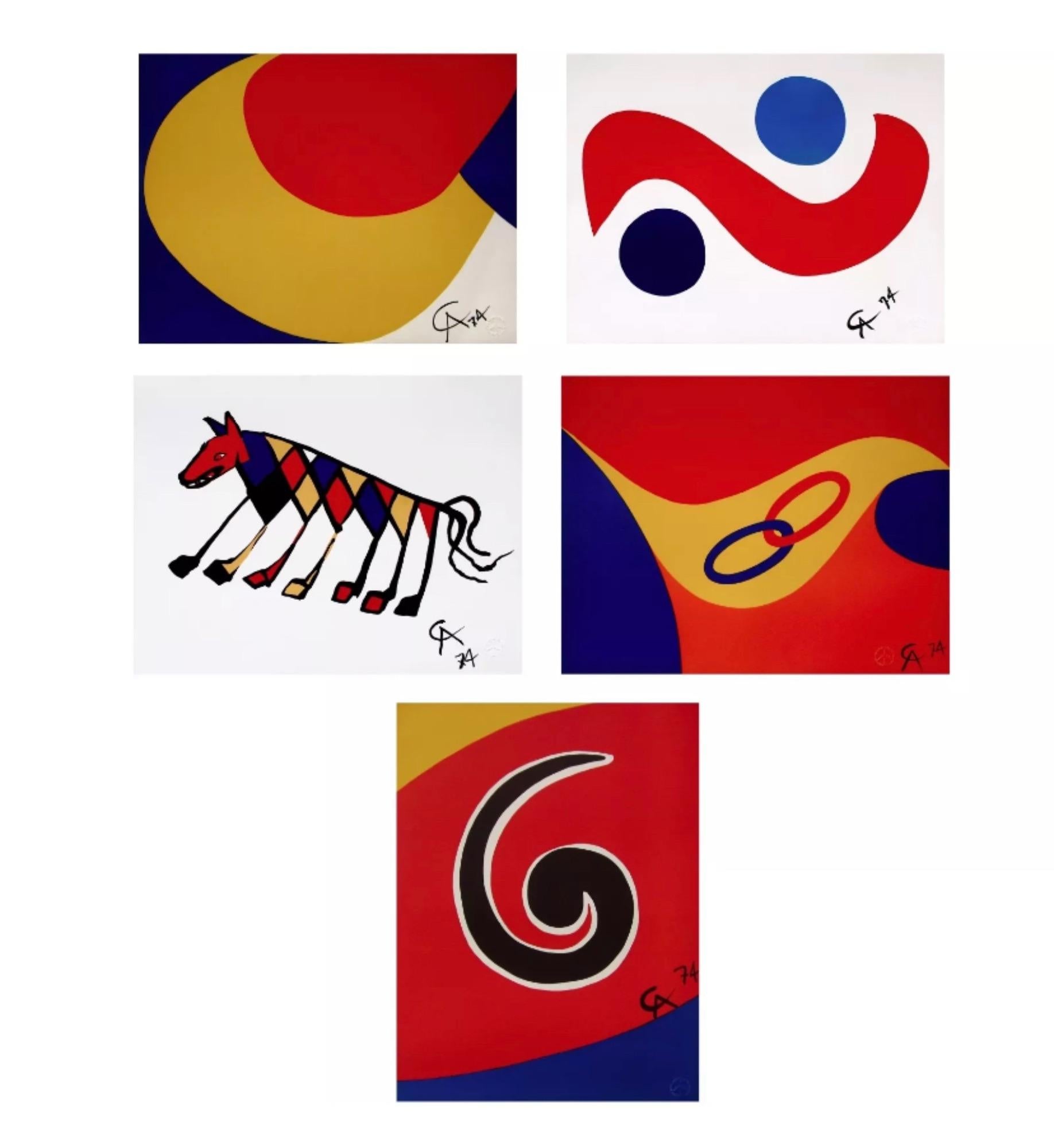 Artistics : Alexander Calder (1898-1976)
Titre(s) : Sky Swirl ; Sky Bird ; Convection ; Beastie ; Friendship (de la Collection Flying Colors de Braniff International Airways)
Année : 1974
Support : Lithographies sur papier Arches 
Taille : 20 x 26