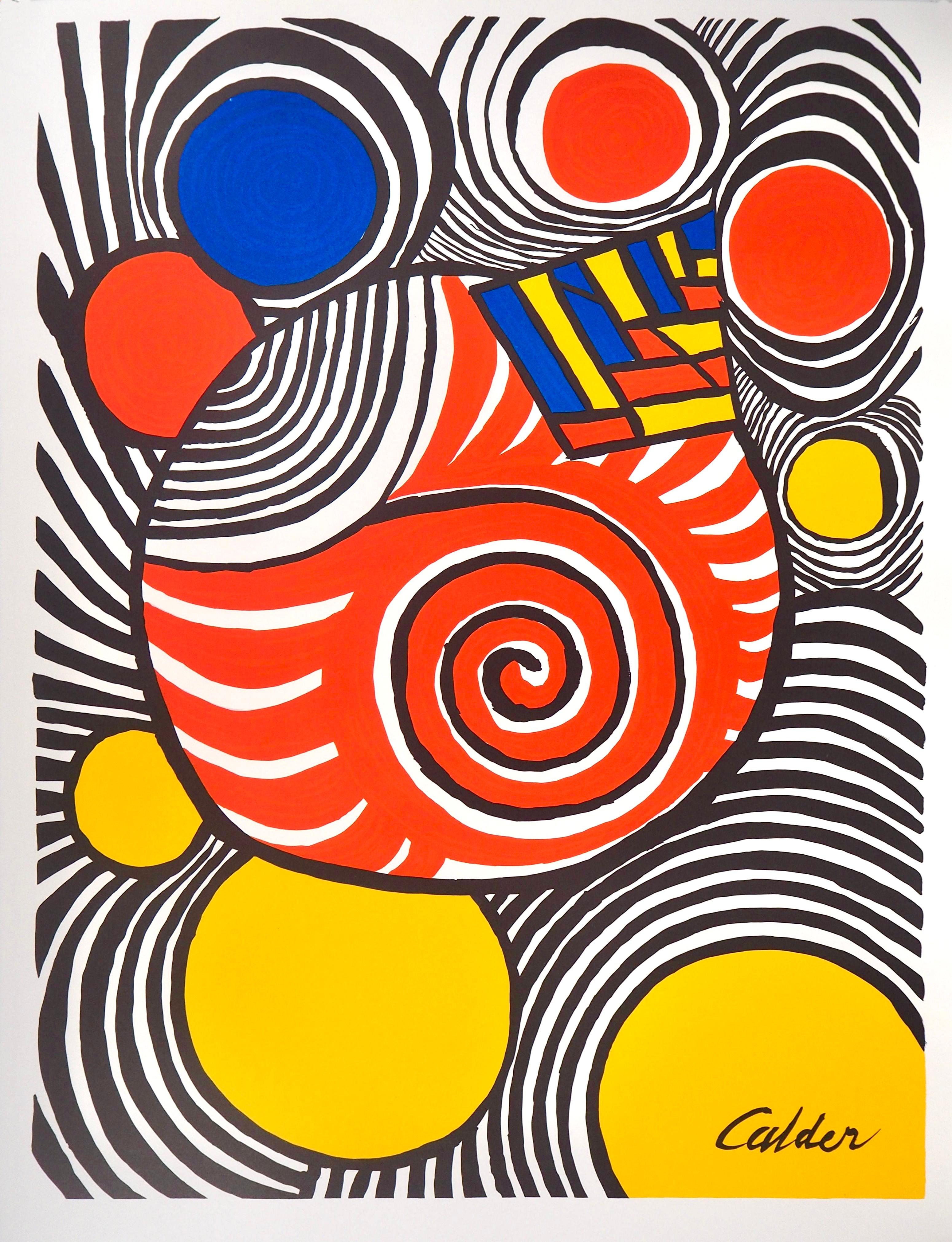Lithograph on vélin paper. Inscription: Signed in the plate and unnumbered, as issued. Good condition. Notes: Published by Aimé Maeght, Éditeur, Paris; printed by Éditions Pierre à Feu, Galerie Maeght, Paris, 1979. Calder completed this composition