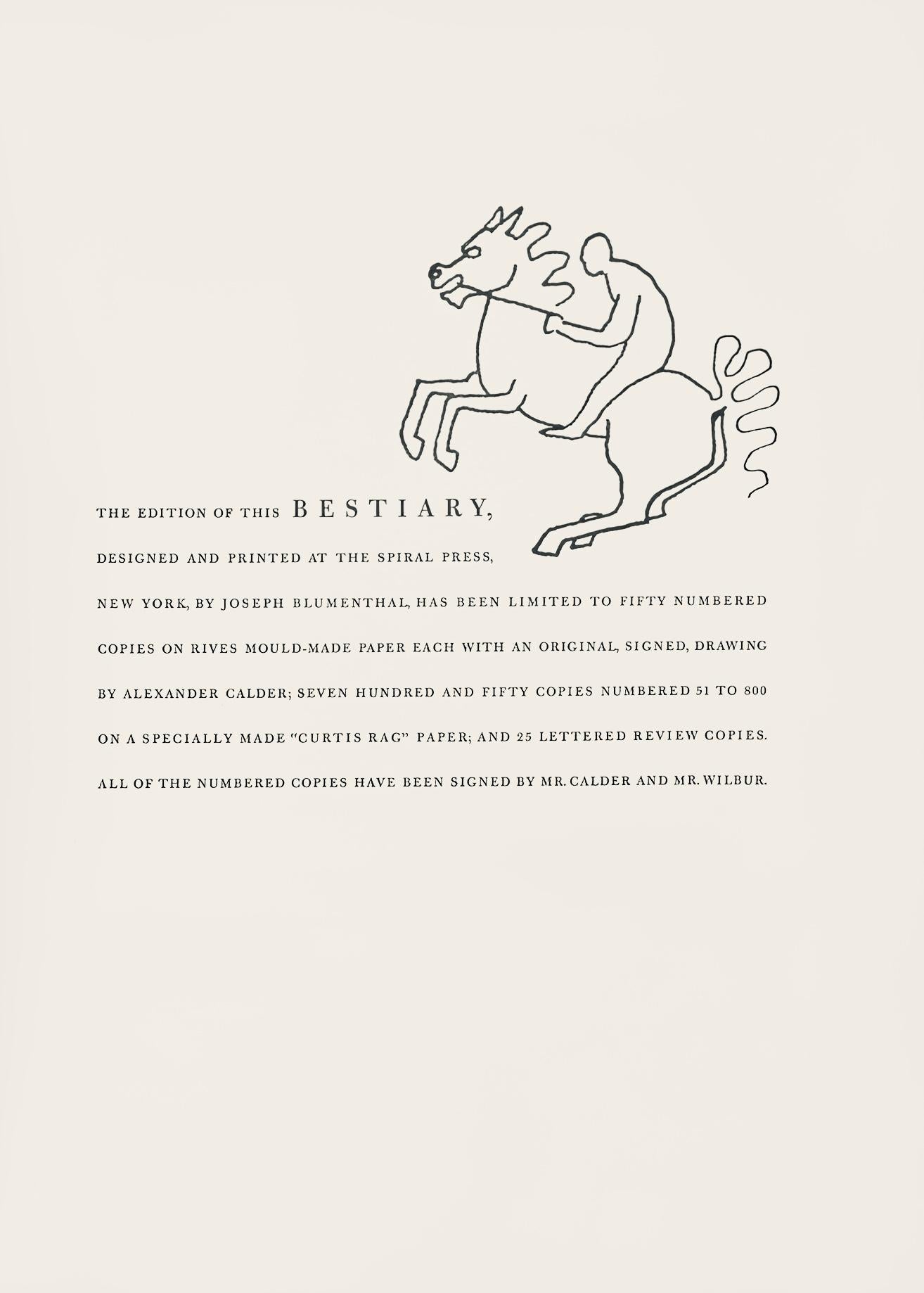Letterpress printing on spécialement fabriqué Curtis Rag vélin paper. Paper Size: 12.5 x 9.1875 inches. Inscription: Unsigned and unnumbered, as issued. Notes: From the album, A Bestiary, 1955. Published by Pantheon Books, New York; printed by The