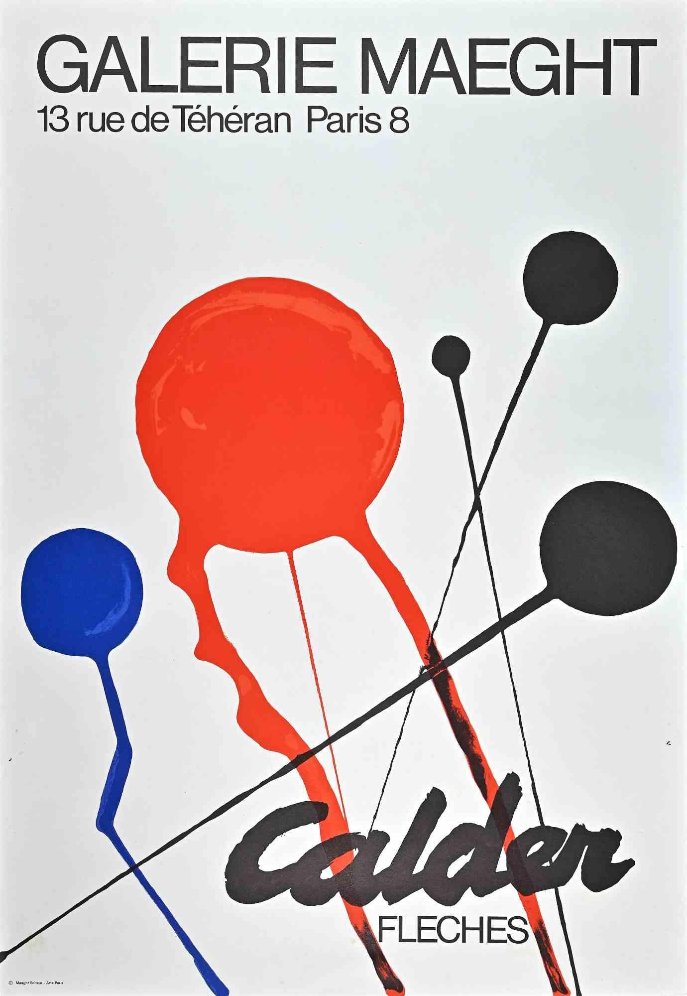 Calder Fleches is a a vintage poster realized after Alexander Calder in the 1970s.

Colour lithograph on paper. Not signed

Published by Galerie Maeght, Paris.

Good conditions except for wo small holes, lower corners slightly creased, some