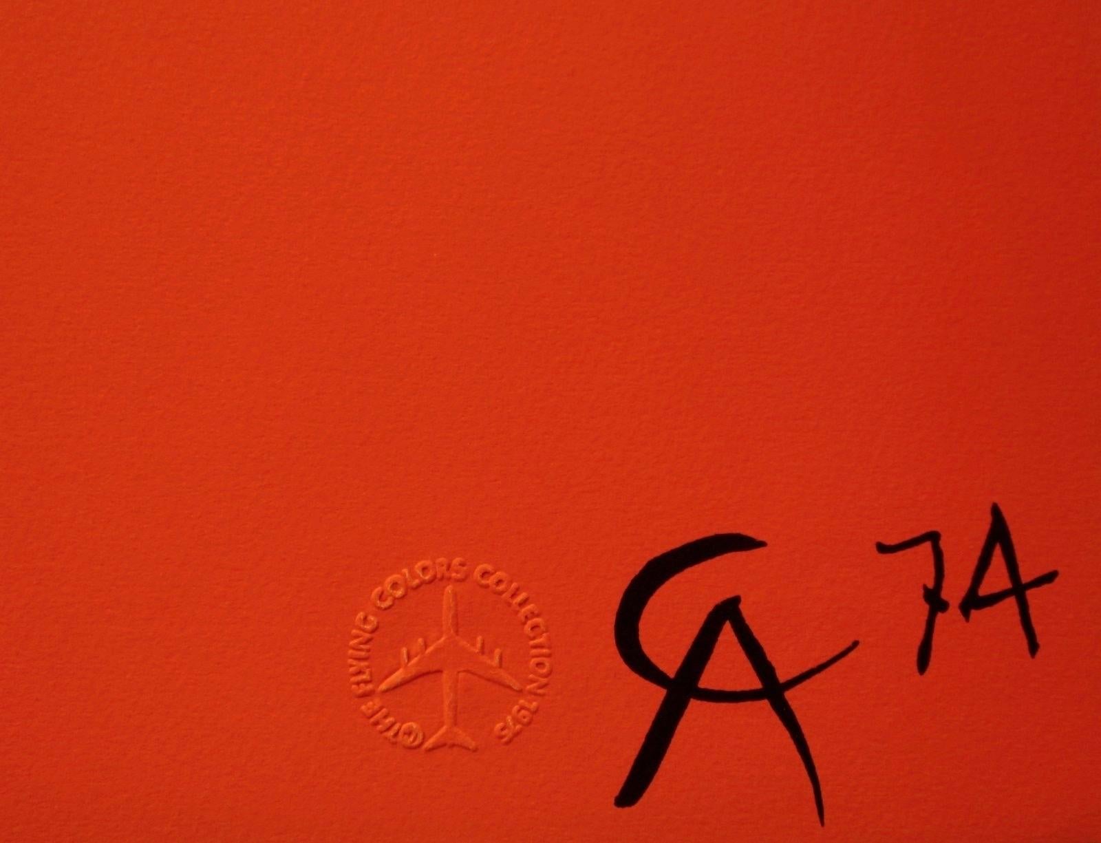 Lithograph on vélin d’Arches paper. Inscription: Signed in the plate, embossed with the official Braniff Flying Colors Collection seal, and unnumbered, as issued. Good condition. Notes: From the [Braniff International Airways] Flying Colors