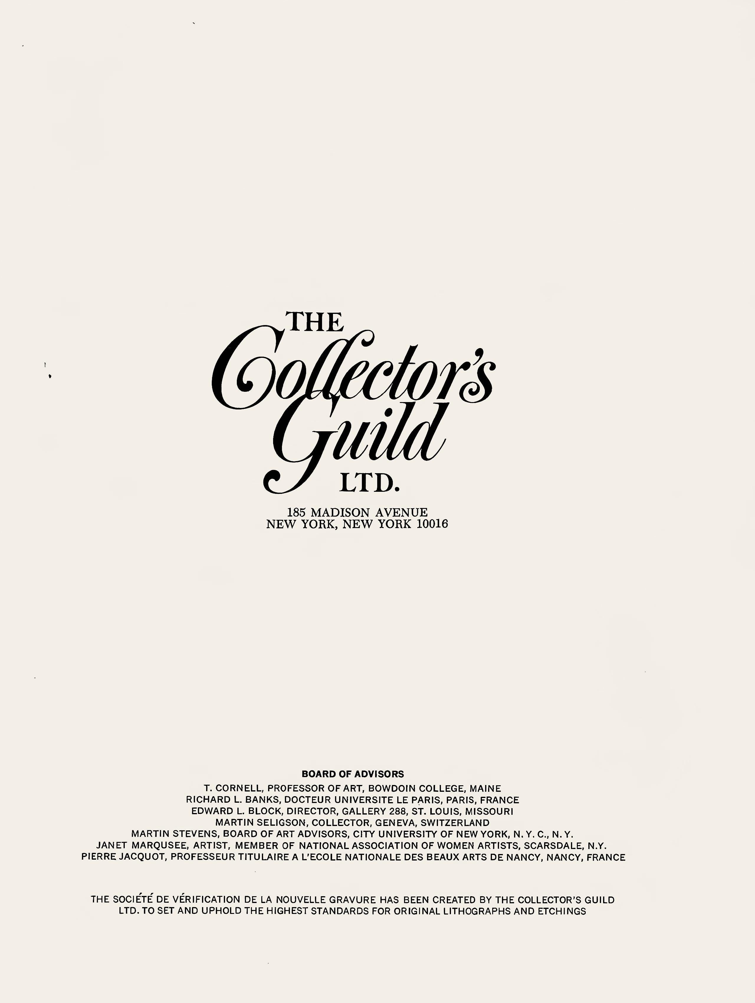 Lithograph on vélin paper. Inscription: Signed in the plate and unnumbered, as issued. Good condition. Notes: Published by The Collector's Guild Ltd., New York in association with The Société de Vérification de la Nouvelle Gravure Internationale of